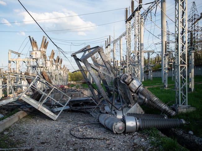 DRUZHKIVKA, UKRAINE - APRIL 27: The wreckage of a Russian rocket attack on an electricity power station left the town without power for hours, as Russia steps up its offensive with bombardment along the 300-mile Donbas frontline, in the town of Druzhkivka, Ukraine on April 27, 2022. (Photo by Scott Peterson/Getty Images)