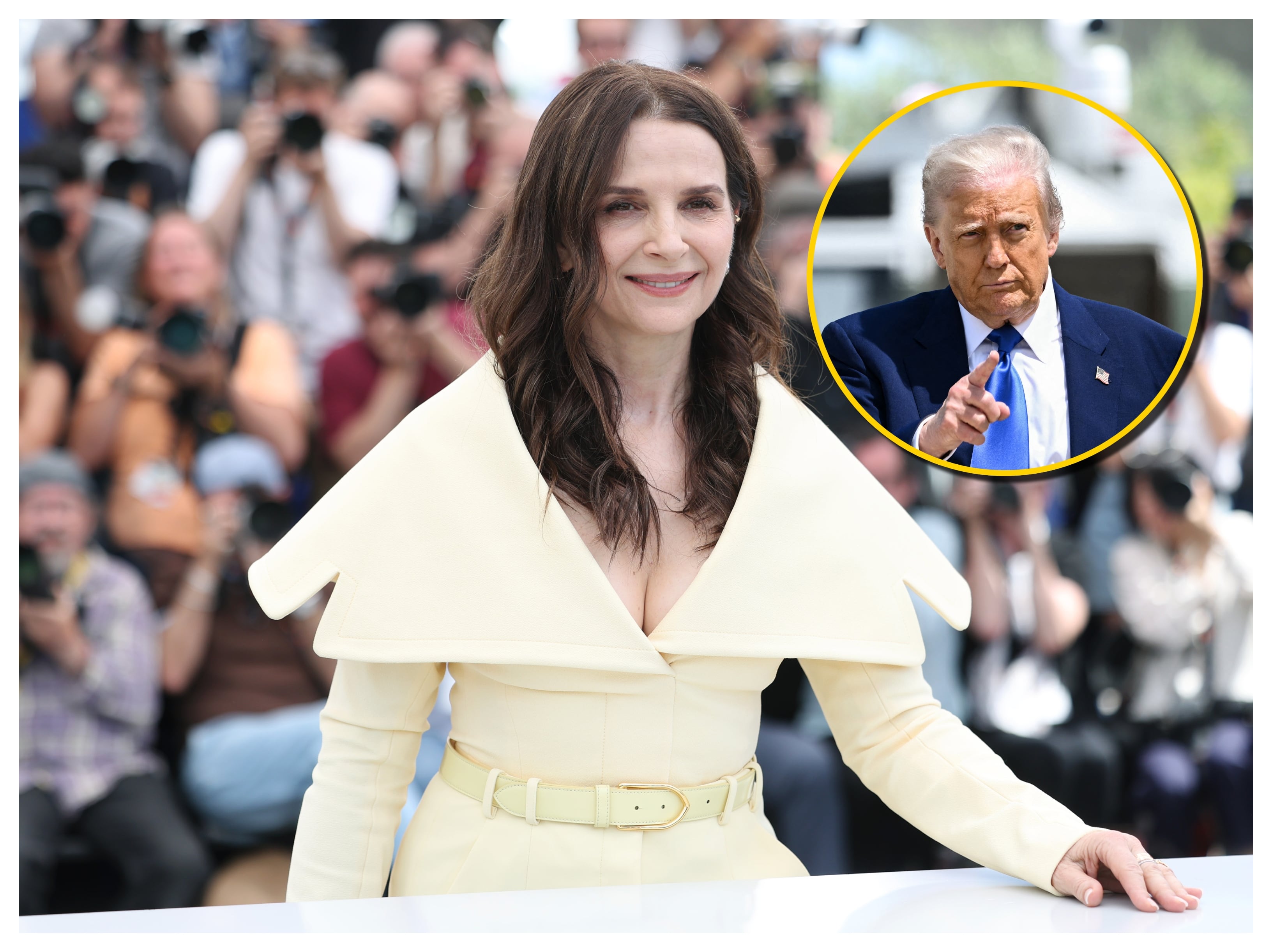 Juliette Binoche y Donald Trump. Foto: Pascal Le Segretain/Getty Images y  BRENDAN SMIALOWSKI/AFP.