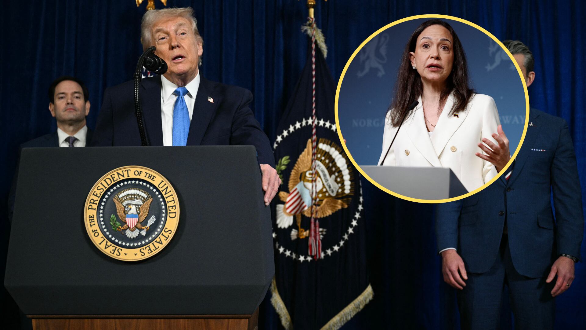 Donald Trump. presidente de Estados Unidos, María Corina Machado, Nobel de Paz. Jim WATSON / AFP/Odd ANDERSEN / AFP