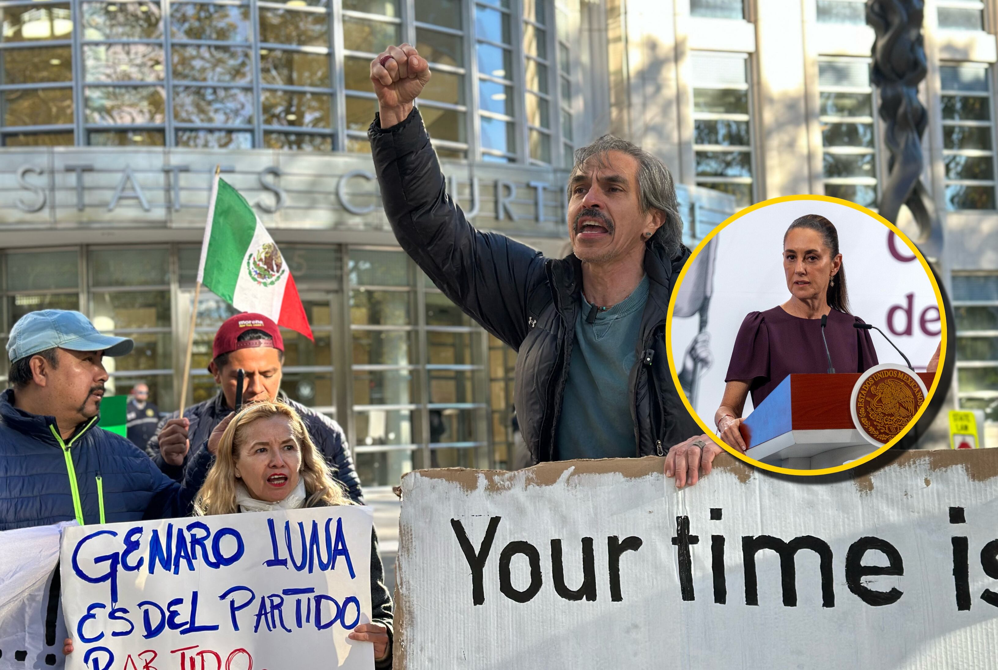 Claudia Sheinbaum y manifestantes se congregan mientras García Luna es sentenciado. Foto: KENA BETANCUR/AFP y Juan Abundis/ObturadorMX/Getty Images.