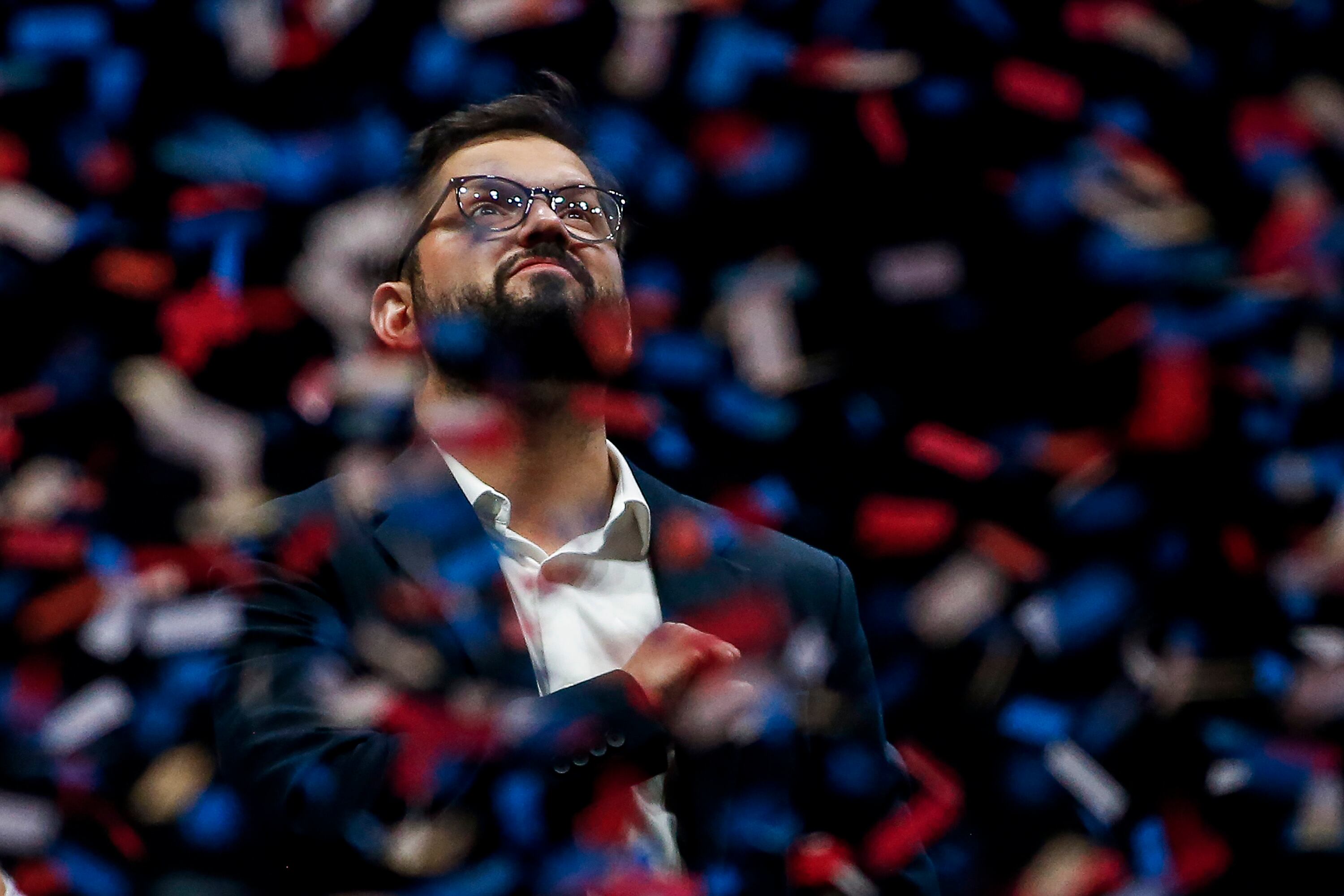 SANTIAGO, CHILE - DECEMBER 19: Gabriel Boric president elect of Chile reacts before giving a speech to his supporters after the presidential runoff election on December 19, 2021 in Santiago, Chile. (Photo by Marcelo Hernandez/Getty Images)