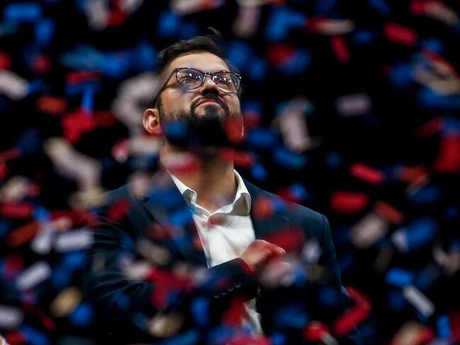 SANTIAGO, CHILE - DECEMBER 19: Gabriel Boric president elect of Chile reacts before giving a speech to his supporters after the presidential runoff election on December 19, 2021 in Santiago, Chile. (Photo by Marcelo Hernandez/Getty Images)
