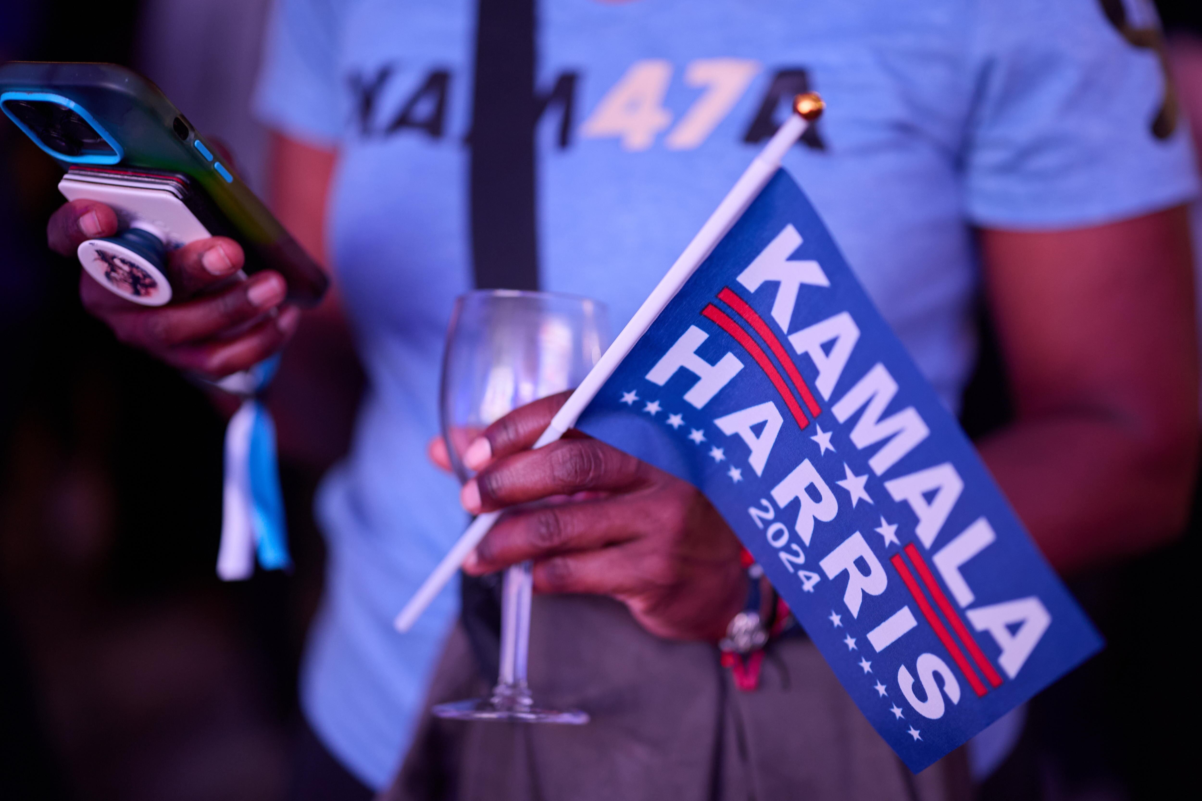 Phoenix (United States), 06/11/2024.- A person holds a Kamala Harris 2024 flag at the 2024 Arizona Democratic Party Election Night Watch Party on Election Day. EFE/EPA/ALLISON DINNER