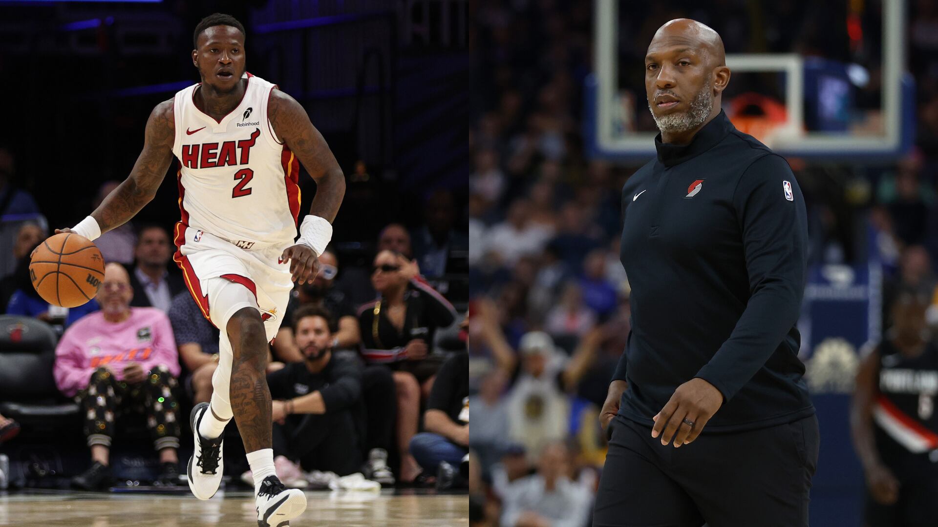 El jugador de los Miami Heat Terry Rozier y el entrenador de los Portland Trail Blazers, Chauncey Billups. Foto: Tomas Diniz Santos/Getty Images/Lachlan Cunningham/Getty Images