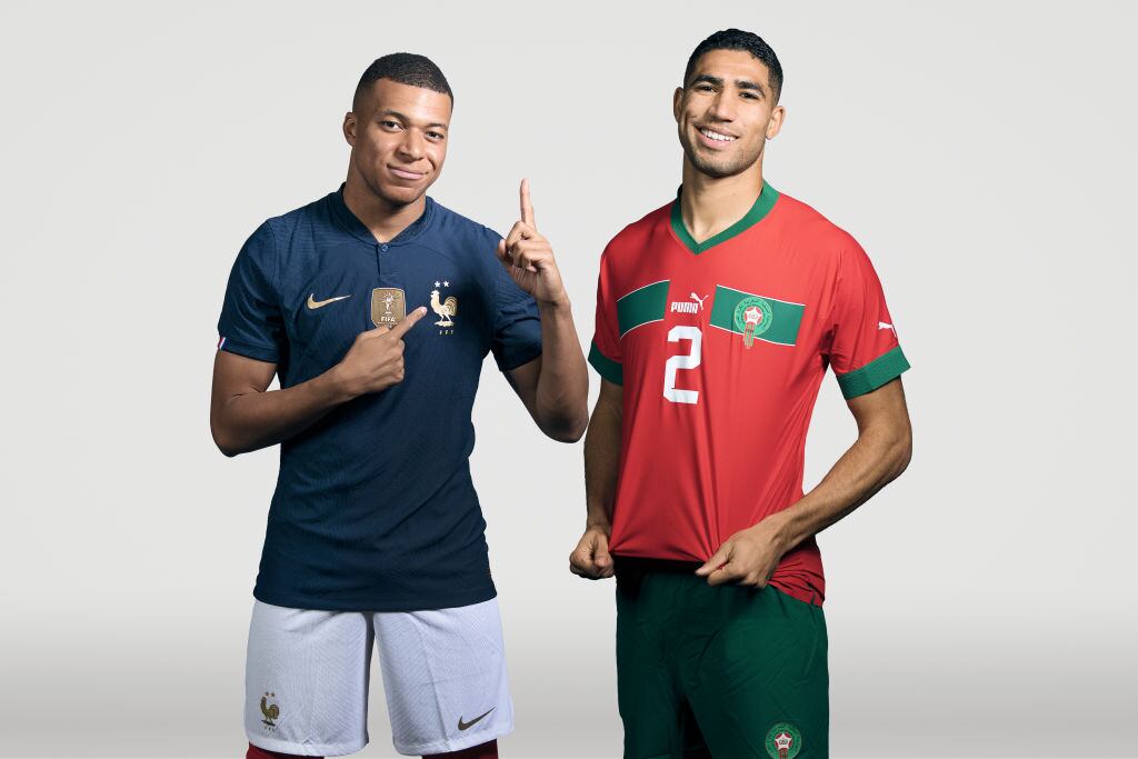Kylian Mbappe de Francia y Achraf Hakimi de Marruecos. Foto editada. Foto: FIFA/FIFA via Getty Images