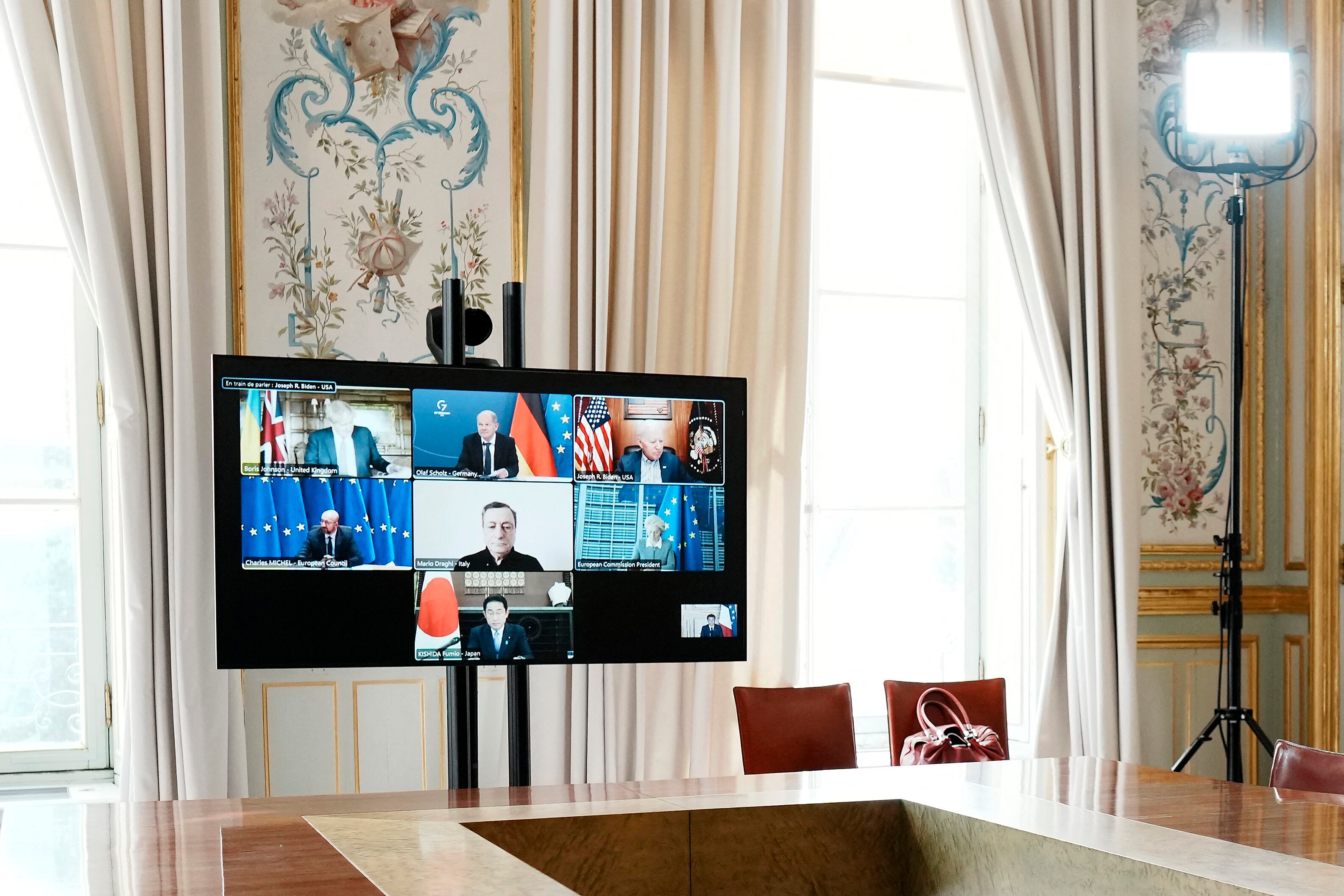 A photograph shows a general view of the video screen of G7 leaders during a video-conference on Ukraine with France's President at the Elysee Palace in Paris, on May 8, 2022, on the 74th day of the Russian invasion of Ukraine. (Photo by Thibault Camus / POOL / AFP) (Photo by THIBAULT CAMUS/POOL/AFP via Getty Images)