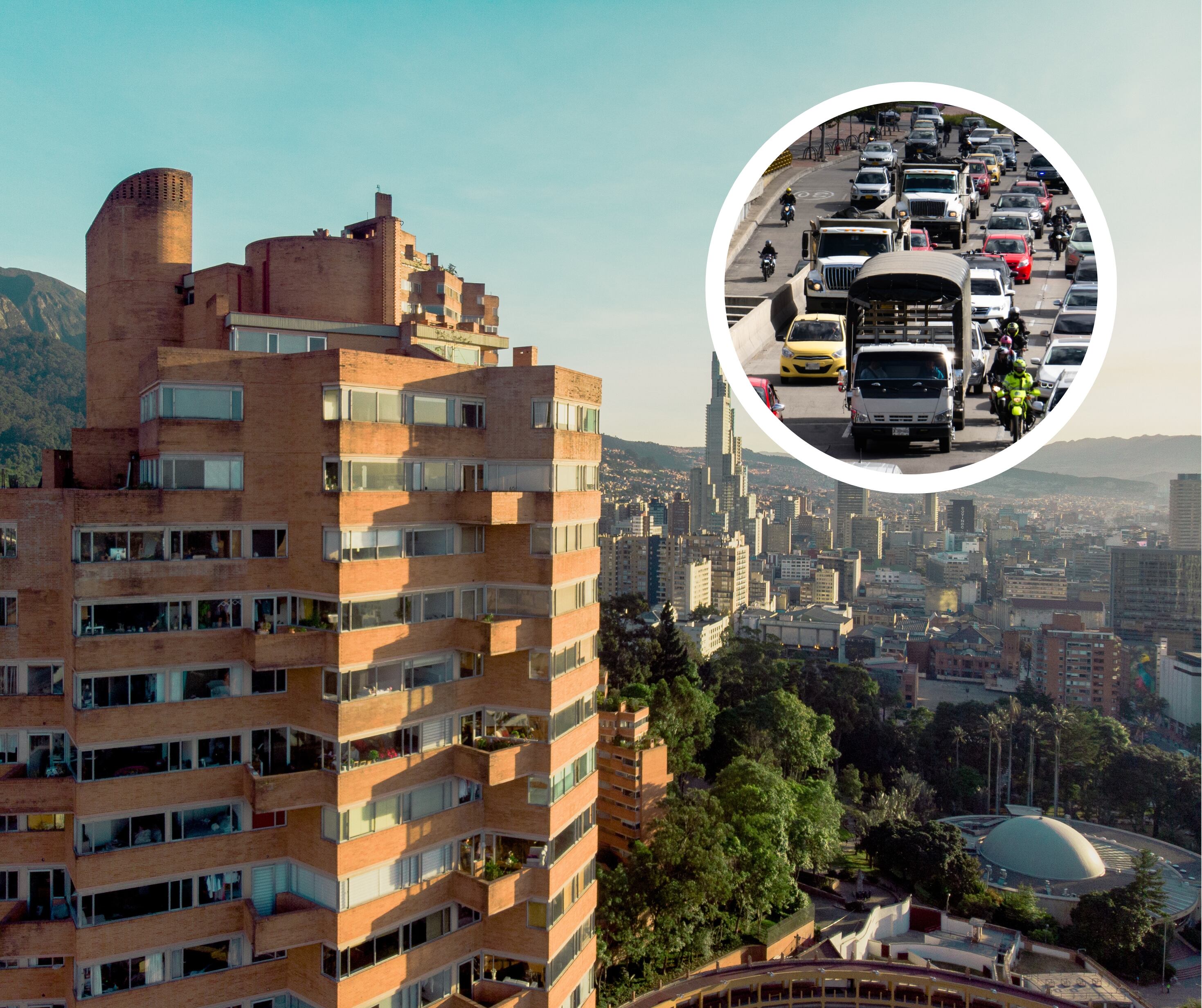 Vista panorámica de Bogotá y tráfico de carros y camiones en la ciudad (Fotos vía Getty Images)