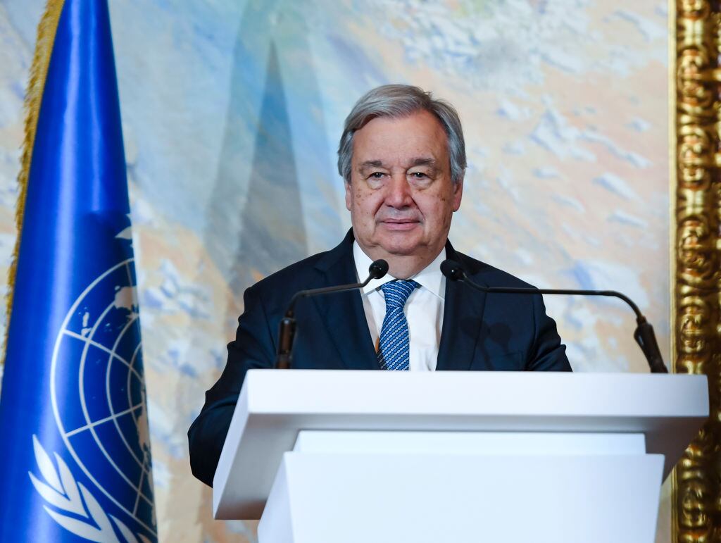 UN Secretary General, Antonio Guterres, delivers a press statement to media after a meeting of envoys from more than 20 countries on Afghanistan in Doha, Qatar, 02 May 2023. (Photo by Noushad Thekkayil/NurPhoto via Getty Images)