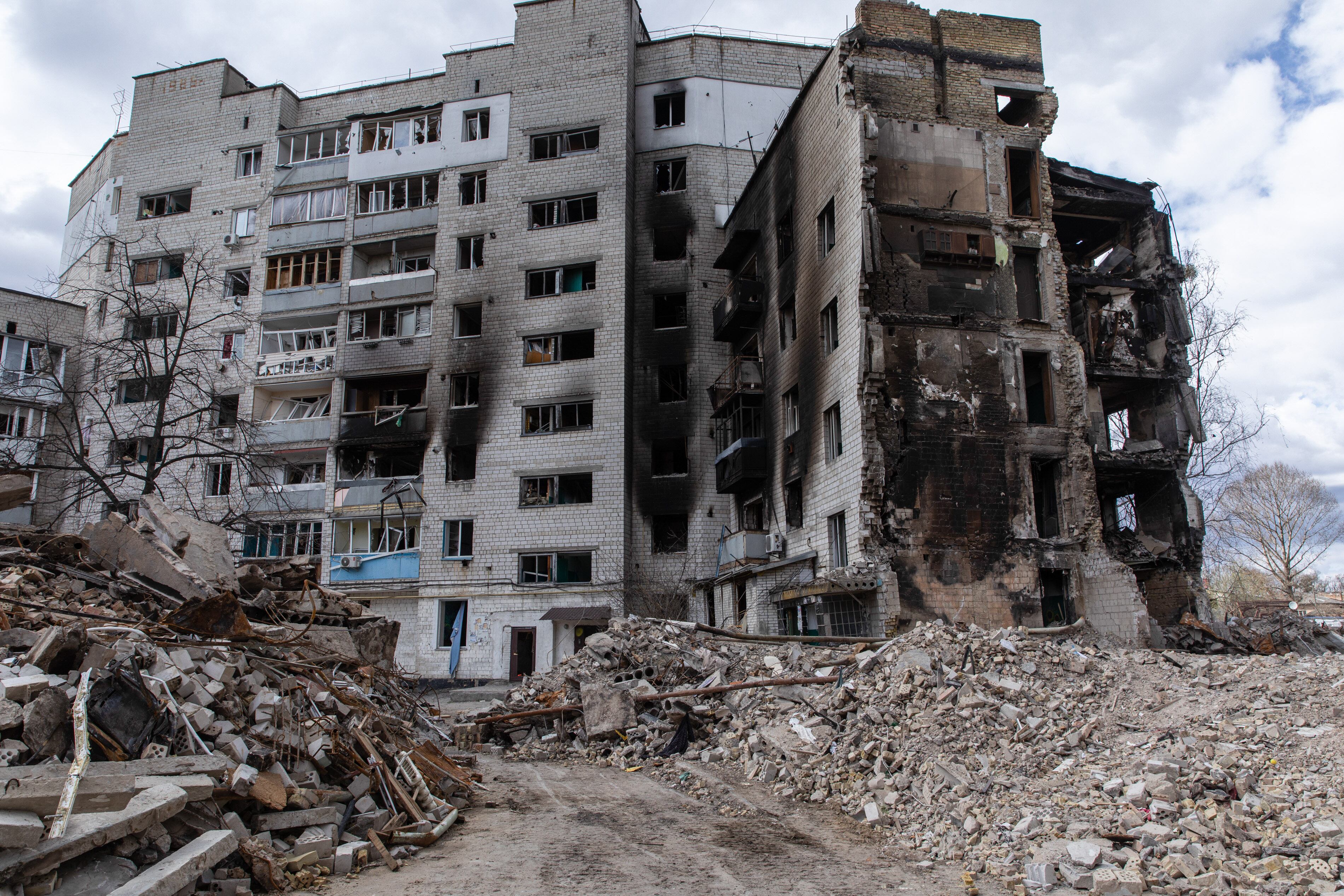 BORODYANKA, UKRAINE - 2022/04/12: Destroyed residential buildings seen in Borodyanka, Kyiv Oblast. The city of Borodyanka was destroyed by intense shelling by Russian forces. Ukraine's President Volodymyr Zelensky has warned that the situation in the town of Borodyanka, about 15 miles from Bucha, was "significantly more dreadful" than Bucha where there were high profile massacres of civilians. (Photo by Alex Chan Tsz Yuk/SOPA Images/LightRocket via Getty Images)