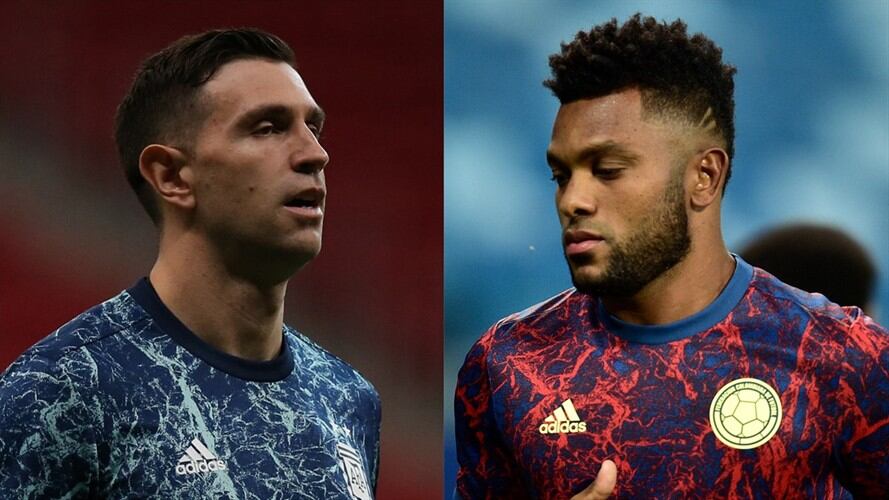 Arquero argentino Emiliano Martínez y delantero colombiano Miguel Ángel Borja en Copa América 2021. Foto: Alexandre Schneider/Getty Images - Rogerio Florentino/Getty Images