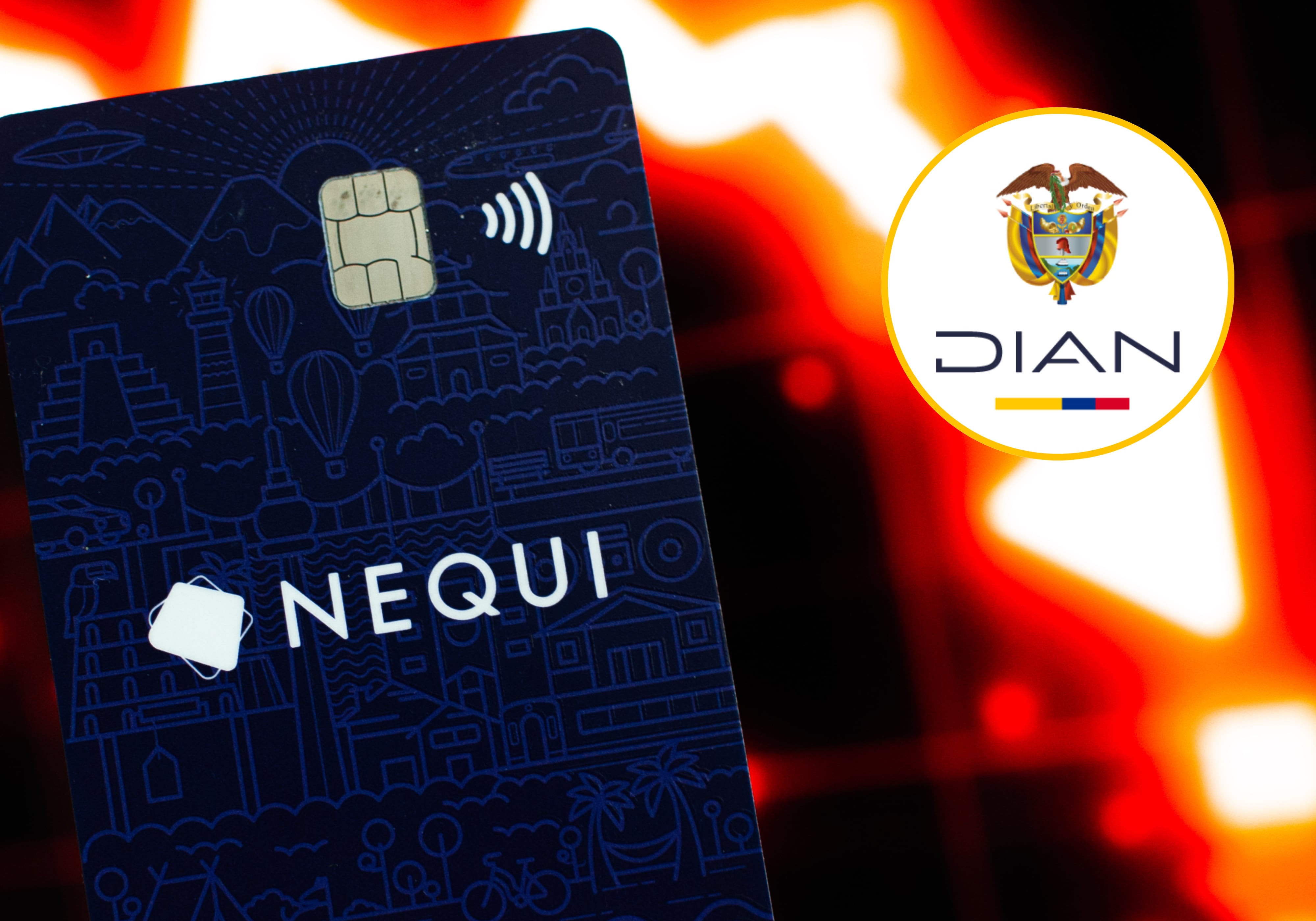 Imagen de referencia de una tarjeta de Nequi frente a una flecha roja de un gráfico de la bolsa (Sebastian Barros/NurPhoto vía Getty Images) junto al logo de la DIAN (dian.gov.co)