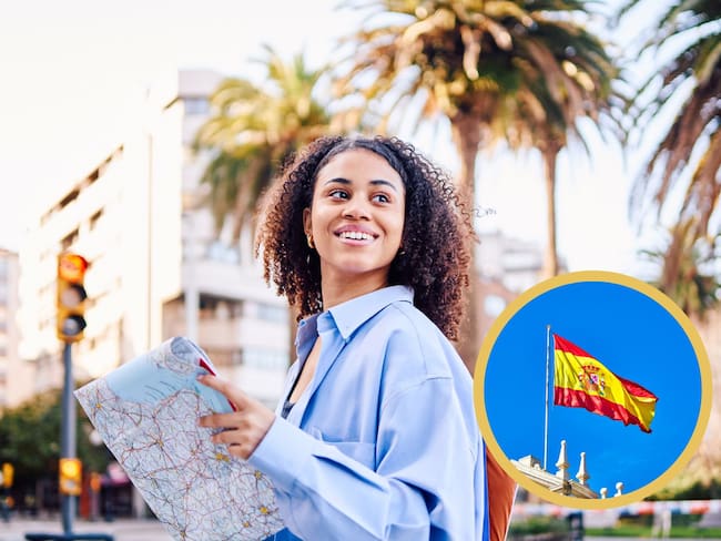 De fondo una mujer recorriendo España, en el círculo la bandera de ese país en la Plaza de la Cibeles / Foto: GettyImages