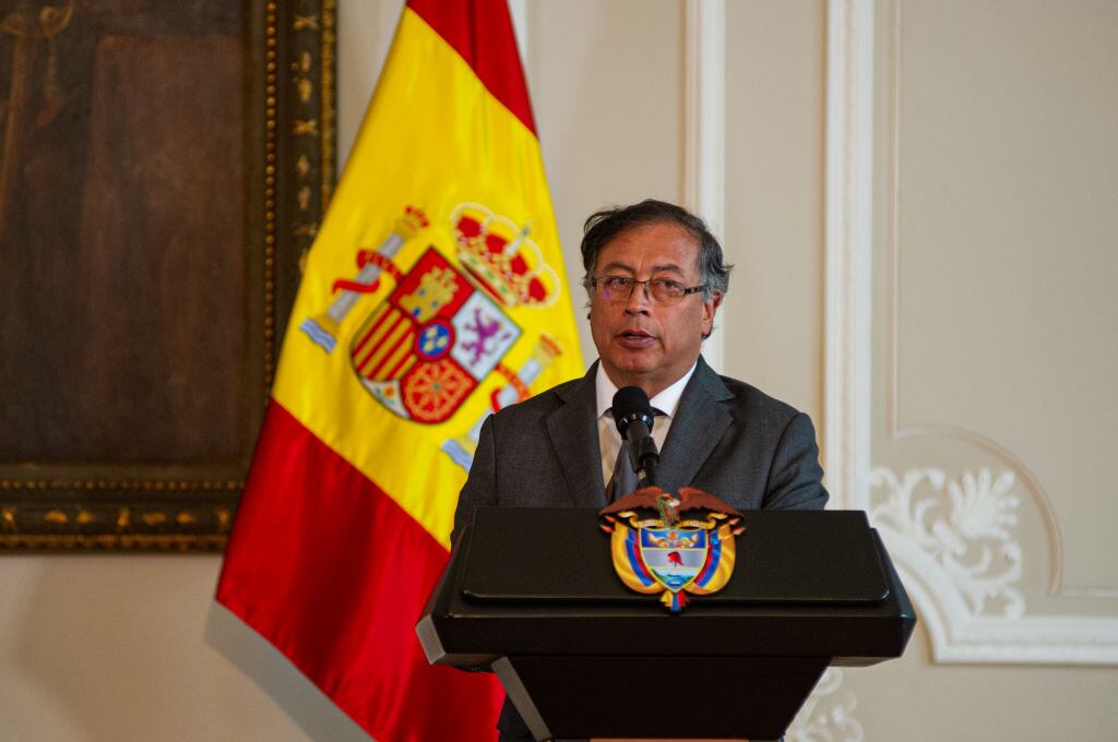 Colombian president Gustavo Petro speaks during the official visit of Pedro Sanchez, government president of Spain to Colombia, in Bogota, Colombia on August 24, 2022. Sanchez offered Spain as a negotiation country for the peace process with the ELN Guerrilla. (Photo by Sebastian Barros/NurPhoto via Getty Images)