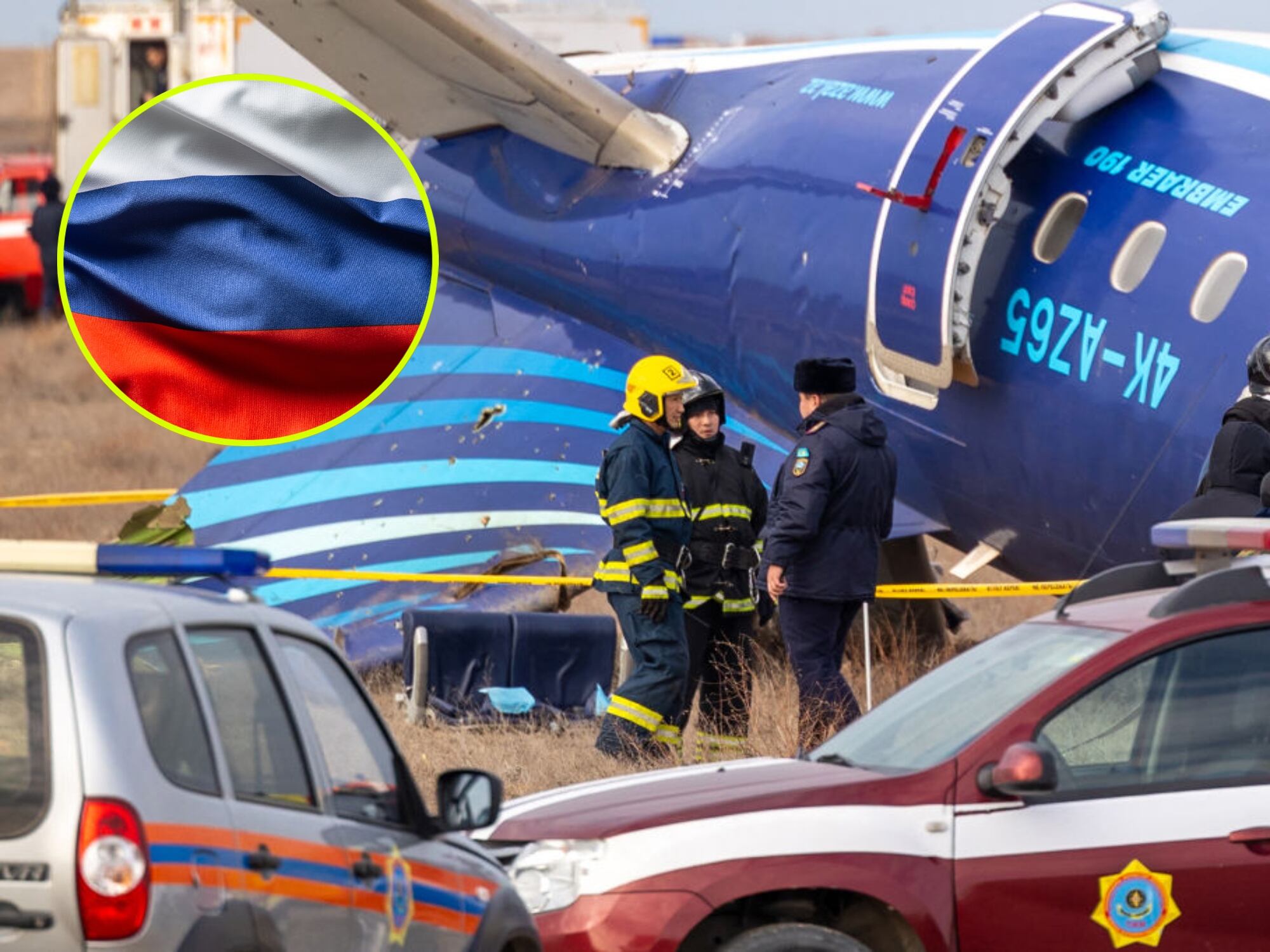Avión caído de Azerbajian Airlines. I Foto: ISSA TAZHENBAYEV/AFP via Getty Images. Bandera de Rusia. I Foto: Getty Images.