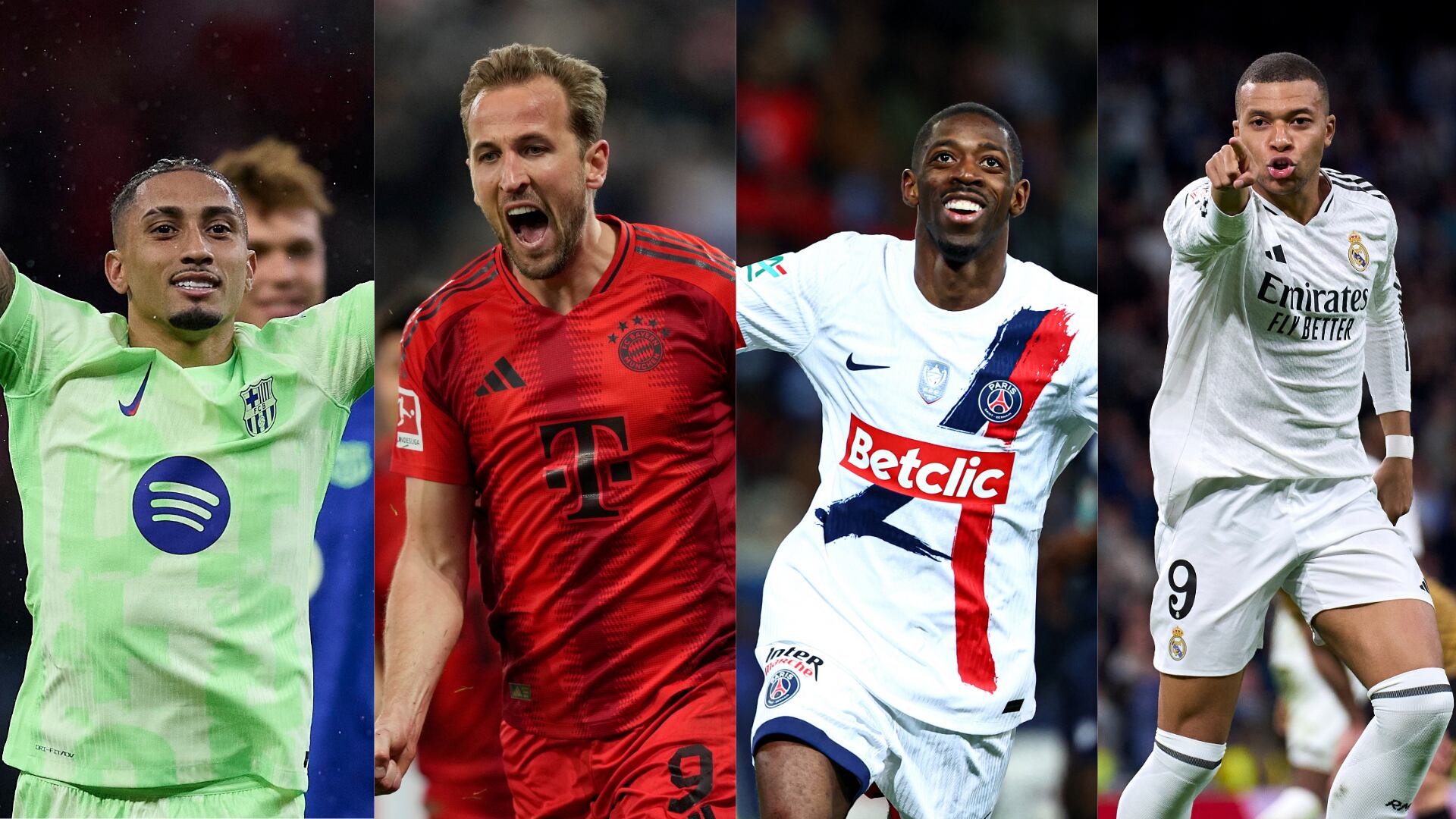 Raphinha. FOTO: Manu Reino/DeFodi Images/DeFodi via Getty Images - Harry Kane. FOTO: F. Noever/FC Bayern via Getty Images - Dembélé: SAMEER AL-DOUMY/AFP via Getty Images - Kylian Mbappé. FOTO: Diego Souto/Getty Images.