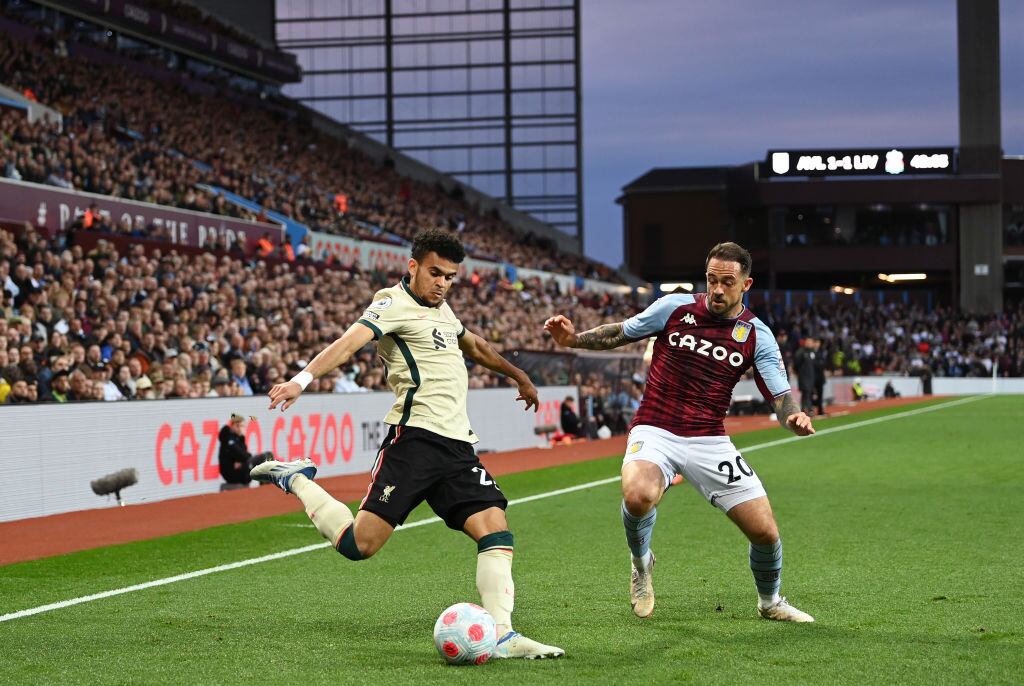 BIRMINGHAM, ENGLAND - MAY 10: Luis Diaz of Liverpool is challenged by Danny Ings of Aston Villa during the Premier League match between Aston Villa and Liverpool at Villa Park on May 10, 2022 in Birmingham, England. (Photo by Shaun Botterill/Getty Images)