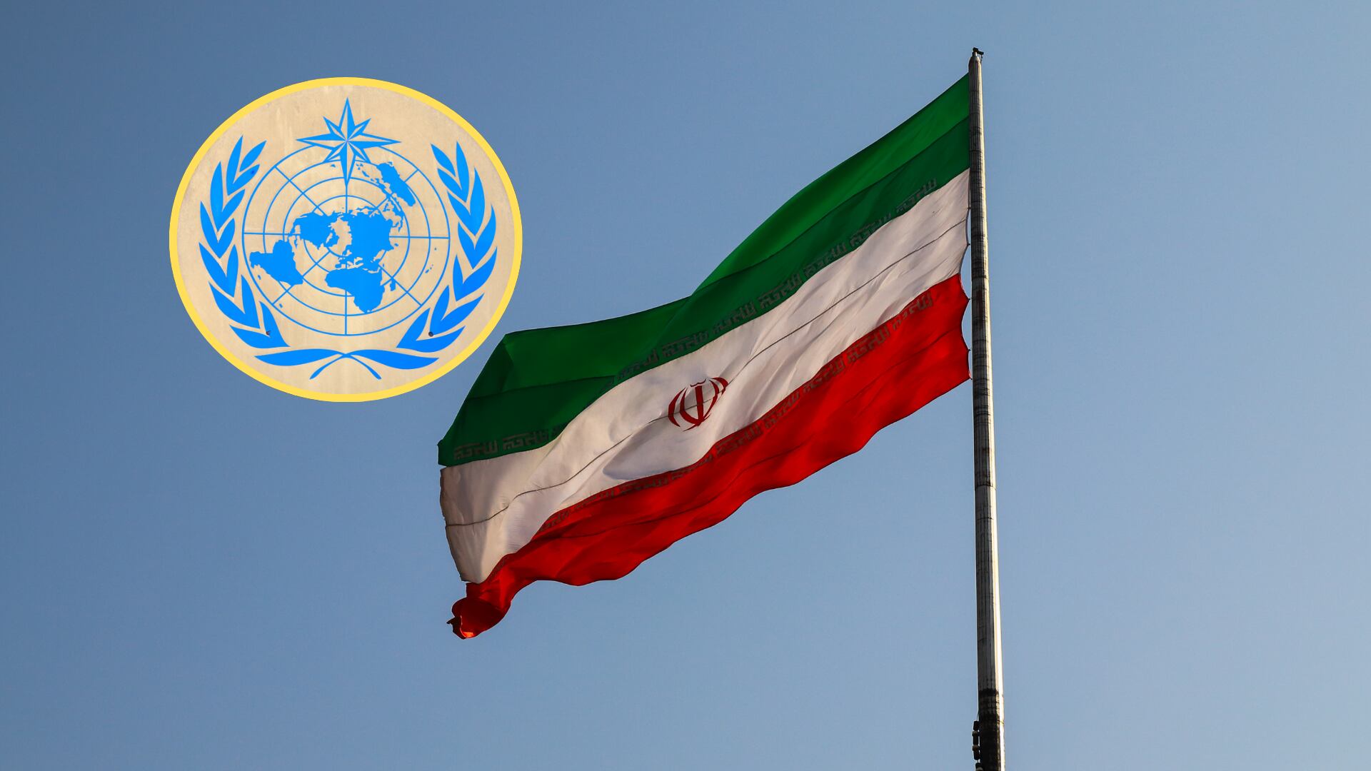 Bandera de Irán, emblema de la ONU. Foto: Getty Images