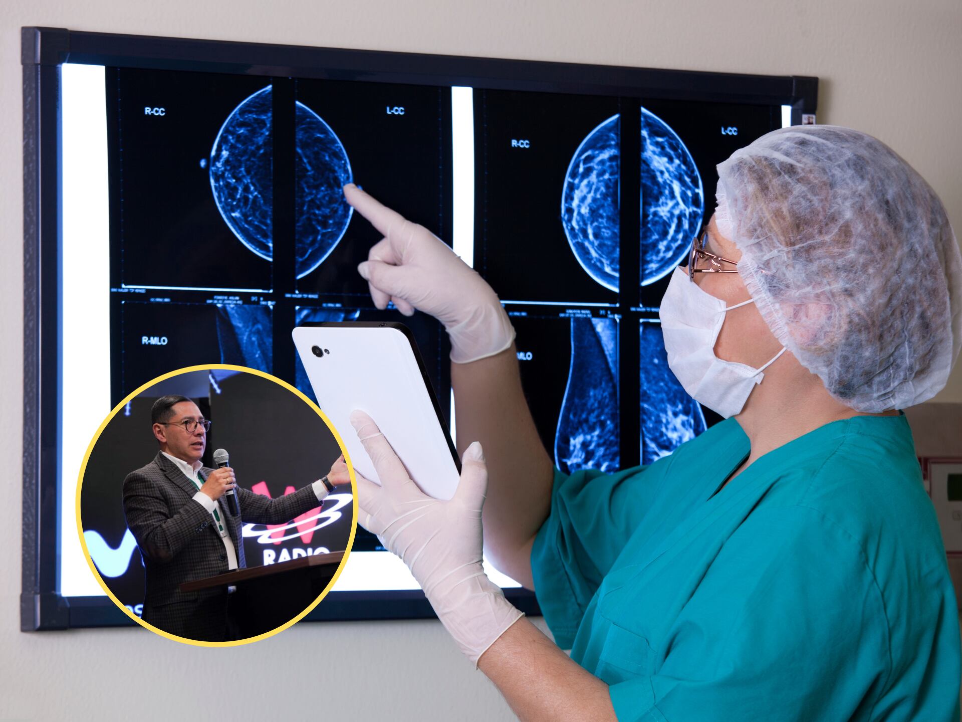 De fondo, médico revisando la mamografía de una paciente. En el círculo, Luis Pino, médico de la Fundación Santa Fe de Bogotá / Fotos: GettyImages