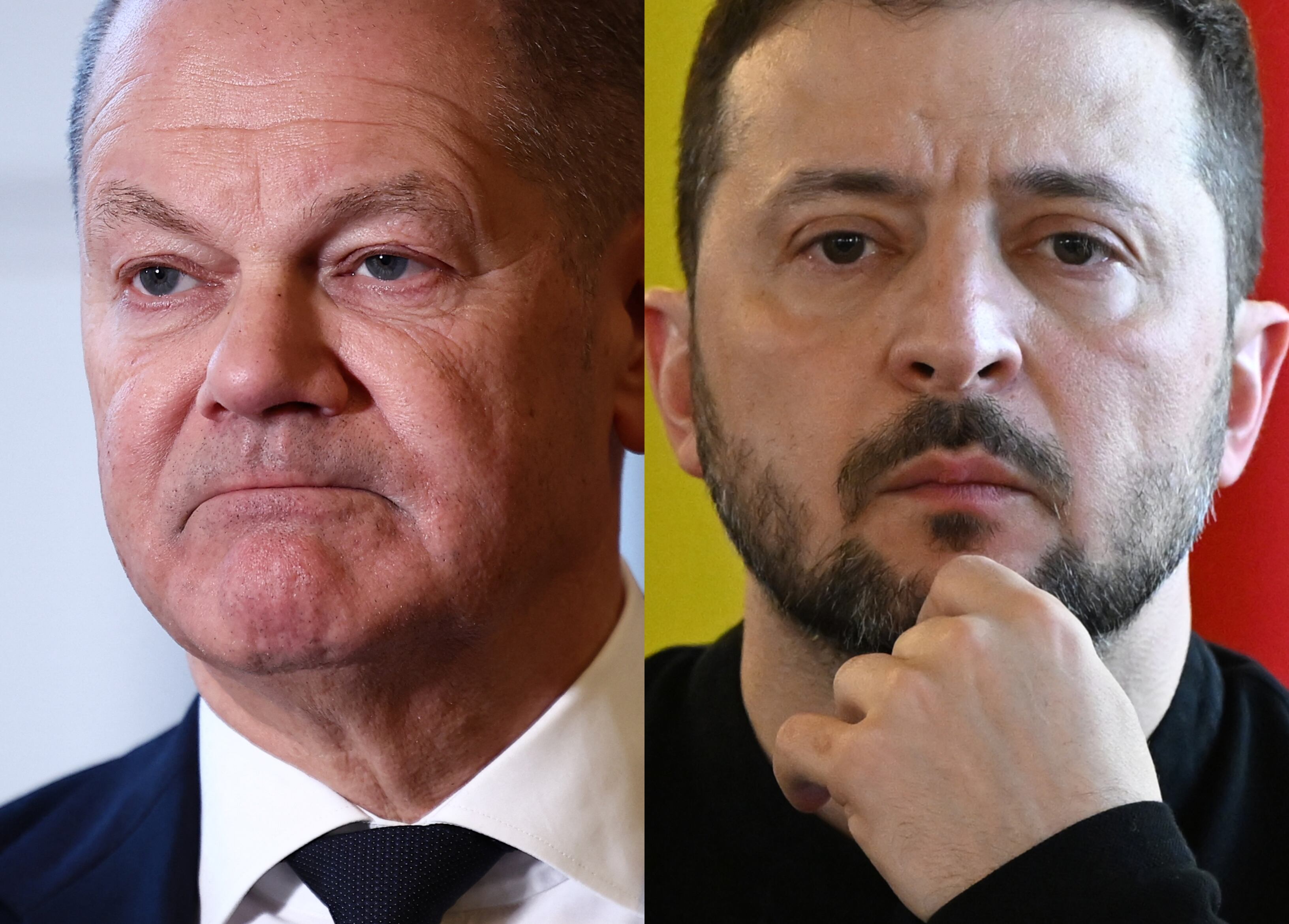 Olaf Scholz FOTO: HENRY NICHOLLS/AFP via Getty Images. Volodimir Zelenski. FOTO: Justin Tallis - WPA Pool/Getty Images