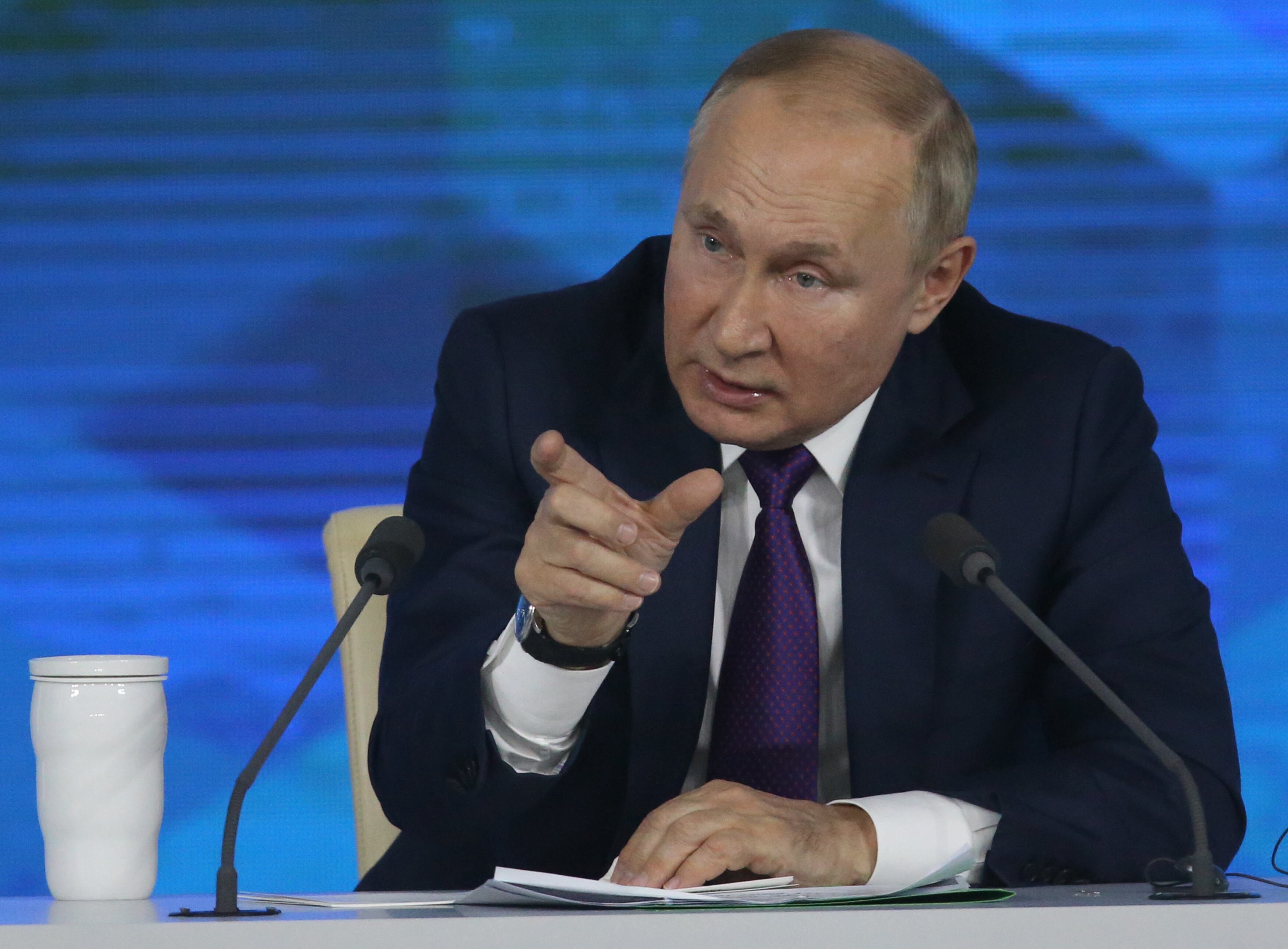 MOSCOW, RUSSIA - DECEMBER 23: (RUSSIA OUT): Russian President Vladimir Putin speaks during his annual press conference at the Moscow Manege, on December 23, 2021, in Moscow, Russia. More than 500 journalists were invited to Vladimir Putin's end-of-year marathon press conference. (Photo by Mikhail Svetlov/Getty Images)