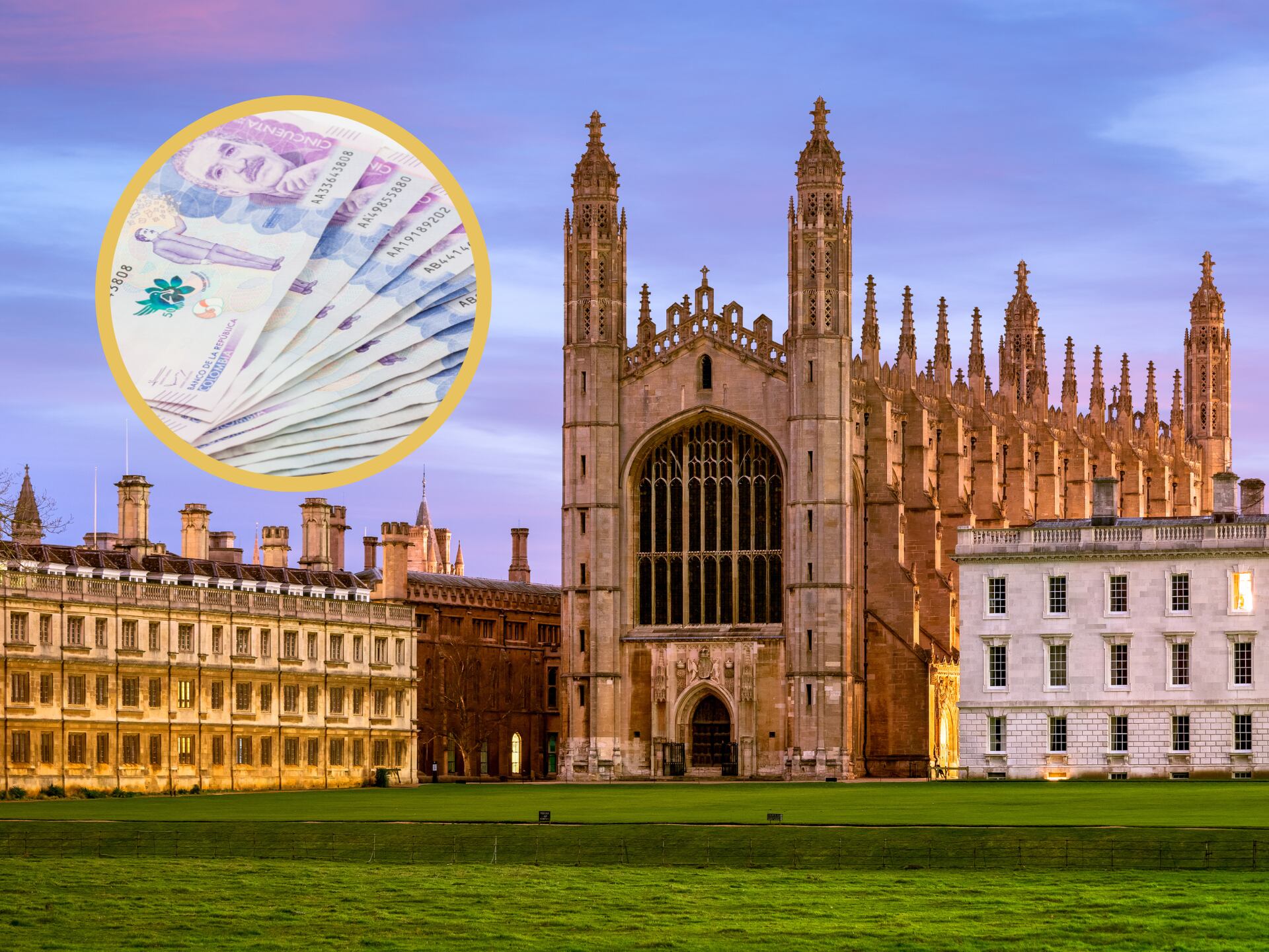 Fachada del campus de la Universidad de Cambridge en Inglaterra. En el círculo, imagen de billetes colombianos (GettyImages)