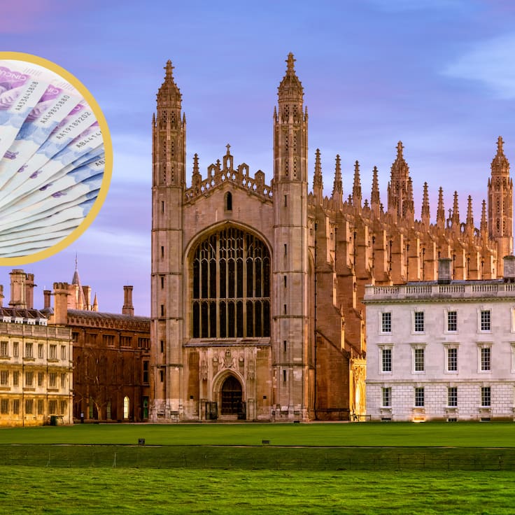 Fachada del campus de la Universidad de Cambridge en Inglaterra. En el círculo, imagen de billetes colombianos (GettyImages)