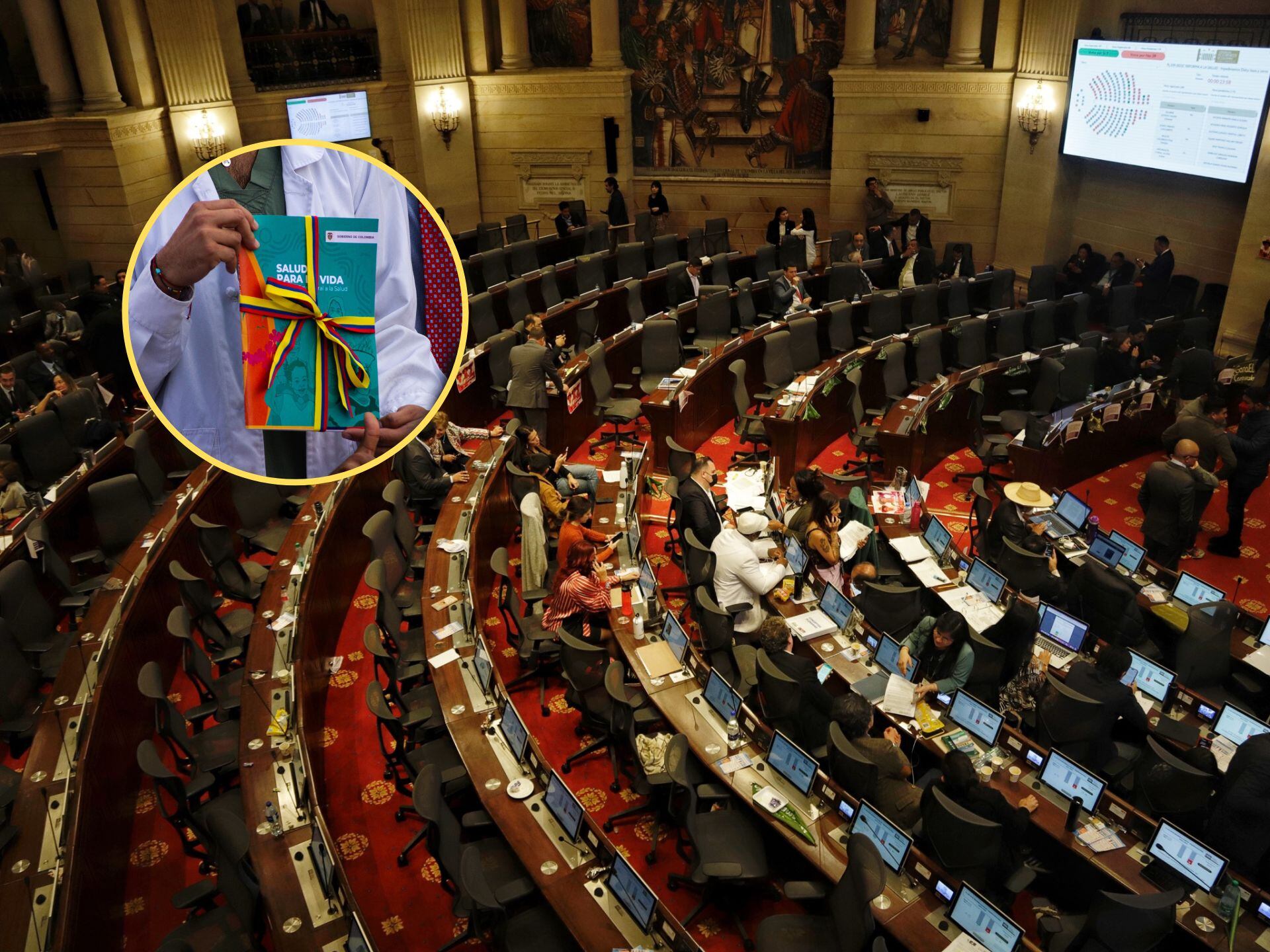 De fondo, la plenaria en la Cámara de Representantes discutiendo sobre la Reforma a la Salud del mes de junio. En el círculo, el documento de la Reforma a la Salud presentado por el Gobierno / Fotos: Colprensa y GettyImages