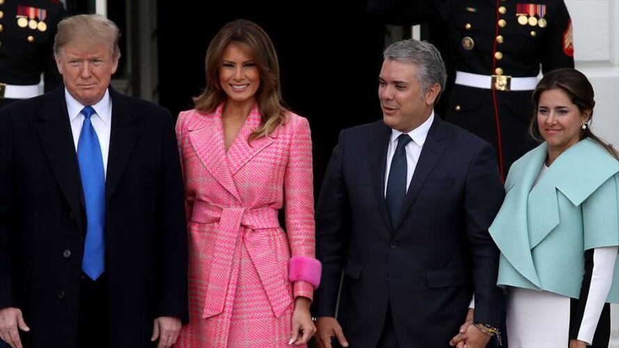 El presidente Donald Trump y la primera dama Melania Trump dan la bienvenida al presidente colombiano Iván Duque Márquez y a la primera dama María Juliana Ruiz. Foto: Getty Images /  Win McNamee / Fotógrafo de plantilla