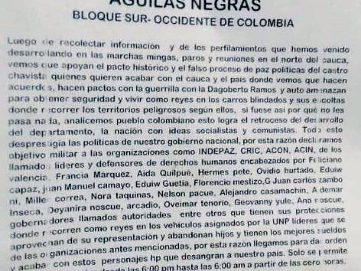 Águilas negras amenazan a líderes indígenas y organizaciones sociales del Cauca