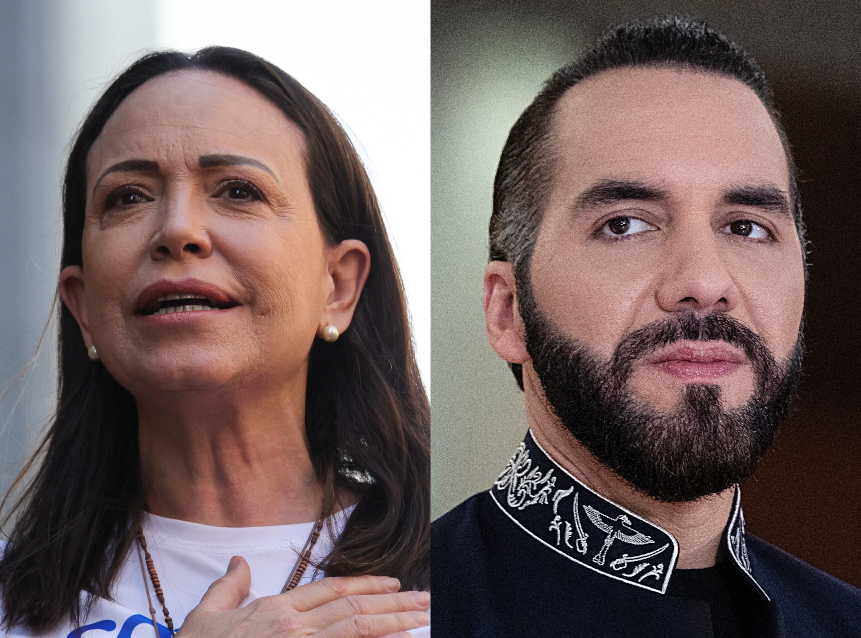 Líder antichavista, María Corina Machado. FOTO: Jesús Vargas/Getty Images// Presidente de El Salvador, Nayib Bukele. FOTO: EZEQUIEL BECERRA/AFP via Getty Images
