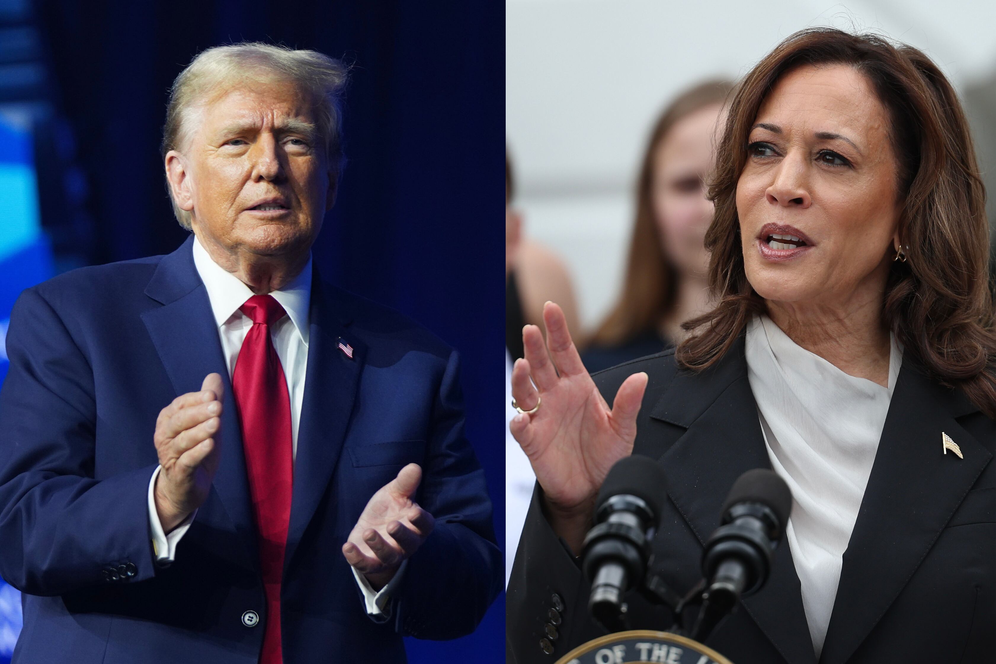 Expresidente de los Estados Unidos Donald Trump y a la vicepresidenta estadounidense Kamala Harris. Foto: EFE.