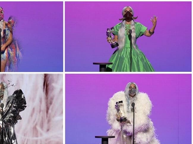Los atuendos y tapabocas que usó Gaga durante la ceremonia. Foto: Reuters.