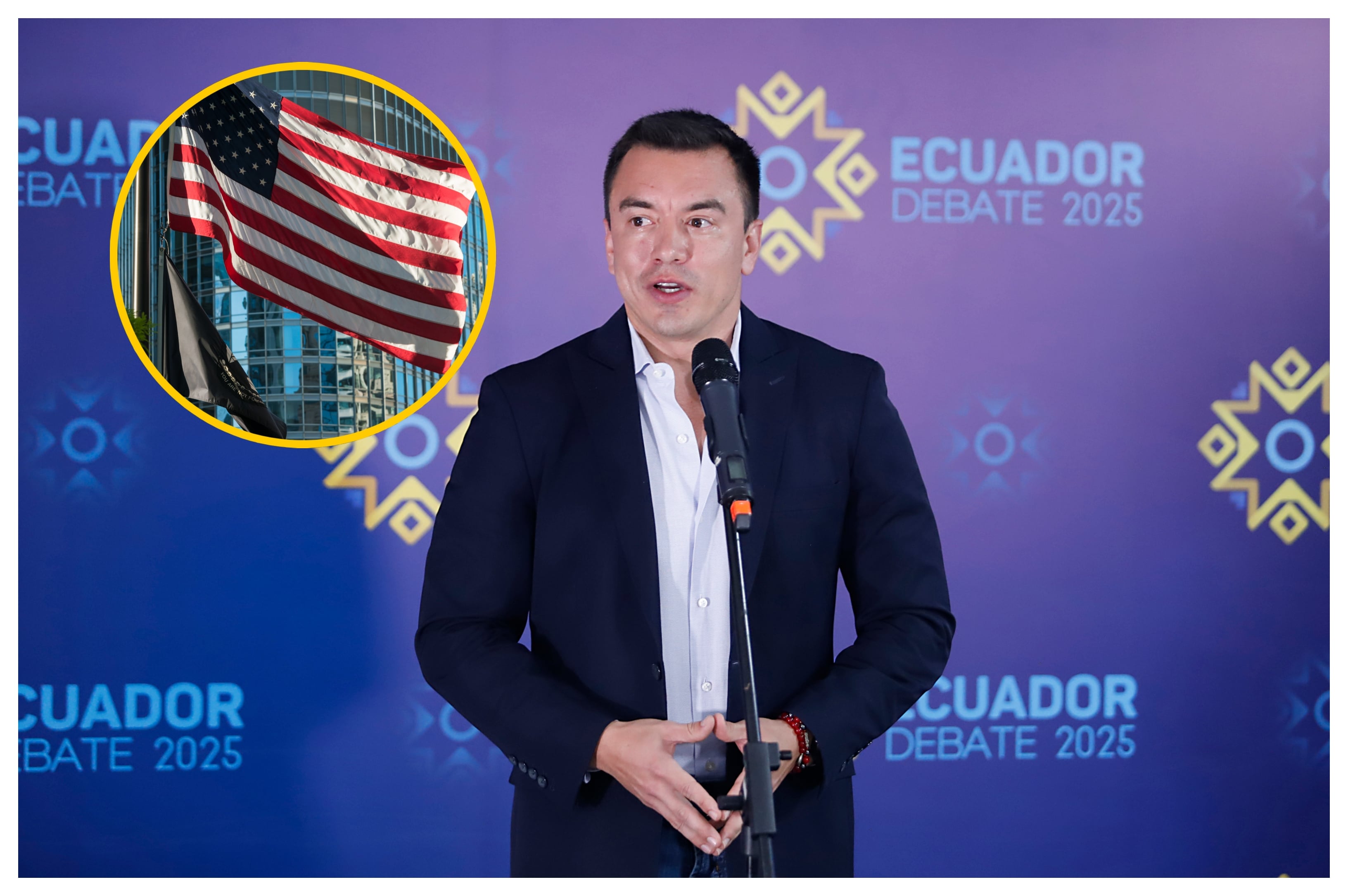 Daniel Noboa y bandera EE.UU. Foto: Felipe Stanley/Agencia Press South/Getty Images.