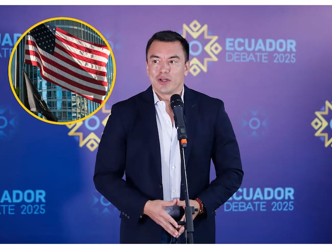 Daniel Noboa y bandera EE.UU. Foto: Felipe Stanley/Agencia Press South/Getty Images.