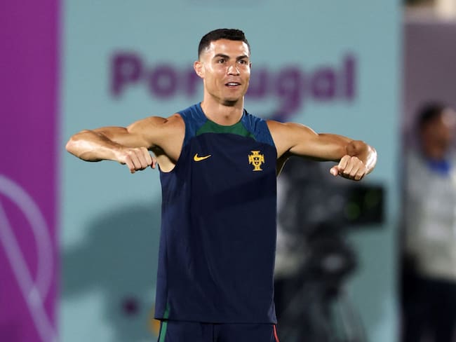 DOHA, QATAR - DECEMBER 01: Cristiano Ronaldo of Portugal reacts during the Portugal Training Session at Grand Hamad Stadium on December 01, 2022 in Doha, Qatar. (Photo by Mohamed Farag/Getty Images)
