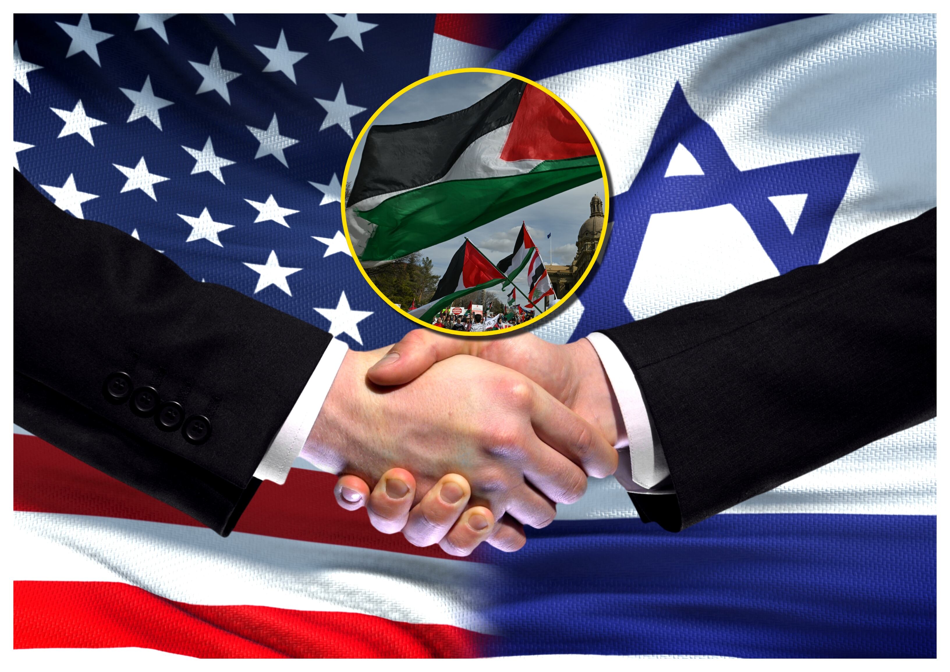 Referencia de apoyo de Estados Unidos a Israel, banderas de Palestina. Foto: Motortion y Artur Widak/NurPhoto via Getty Images.