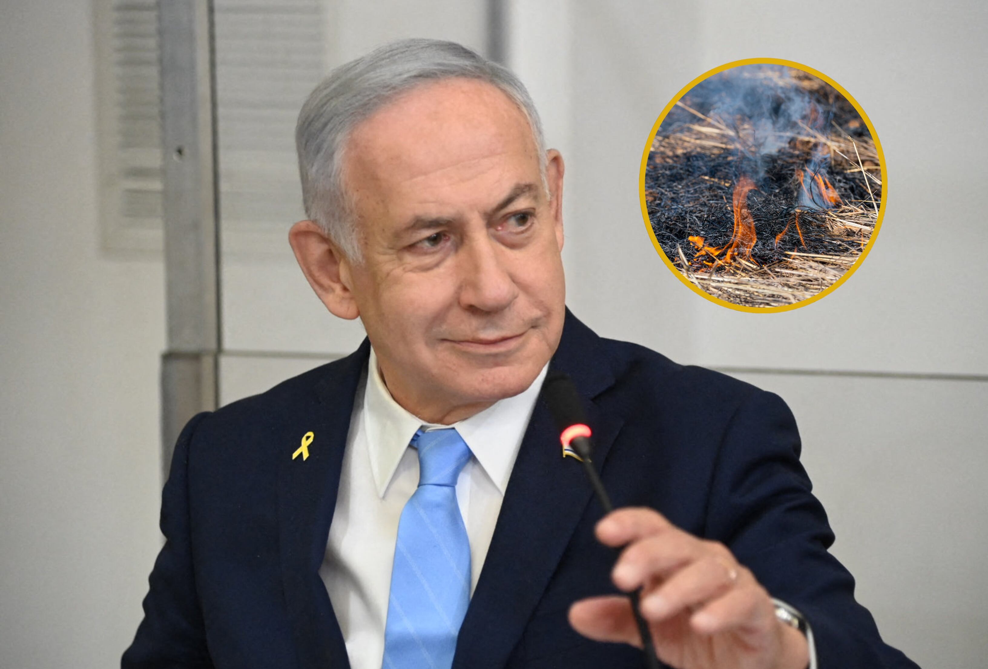 Benjamin Netanyahu y referencia de incendios. Foto: Jean Meyntjens, YAIR SAGI/POOL/AFP via Getty Images.
