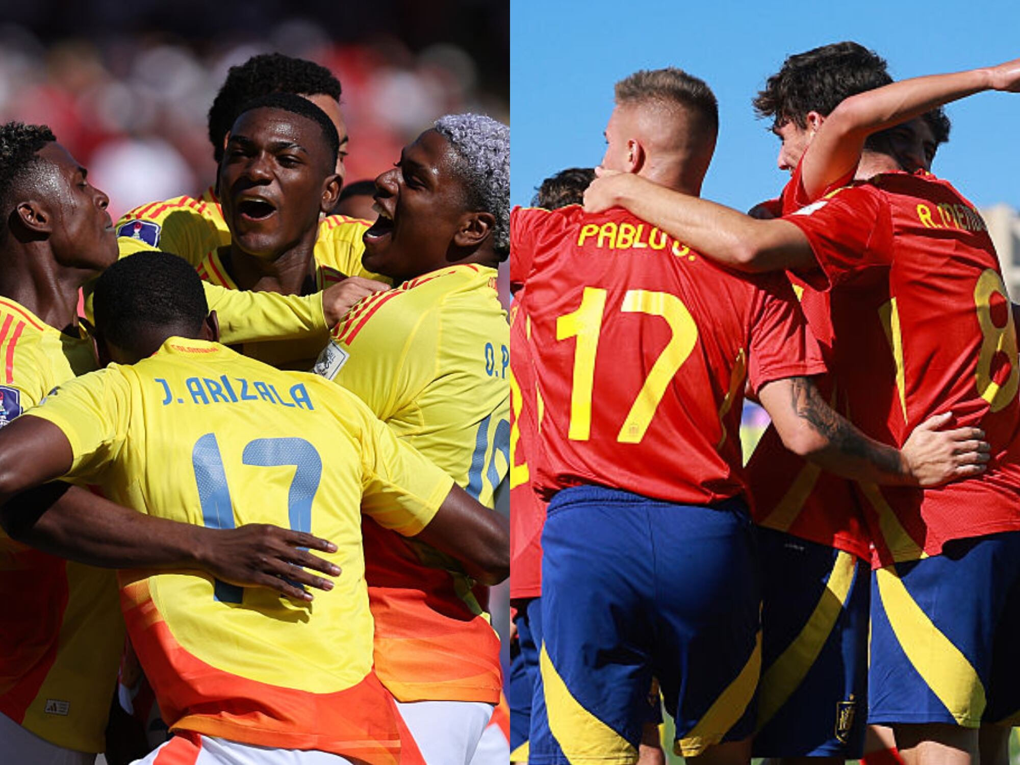 Selección Colombia y España Sub-20. Fotos: (Photo by Ricardo Moreira - FIFA/FIFA via Getty Images) /  (Photo by Hector Vivas - FIFA/FIFA via Getty Images)