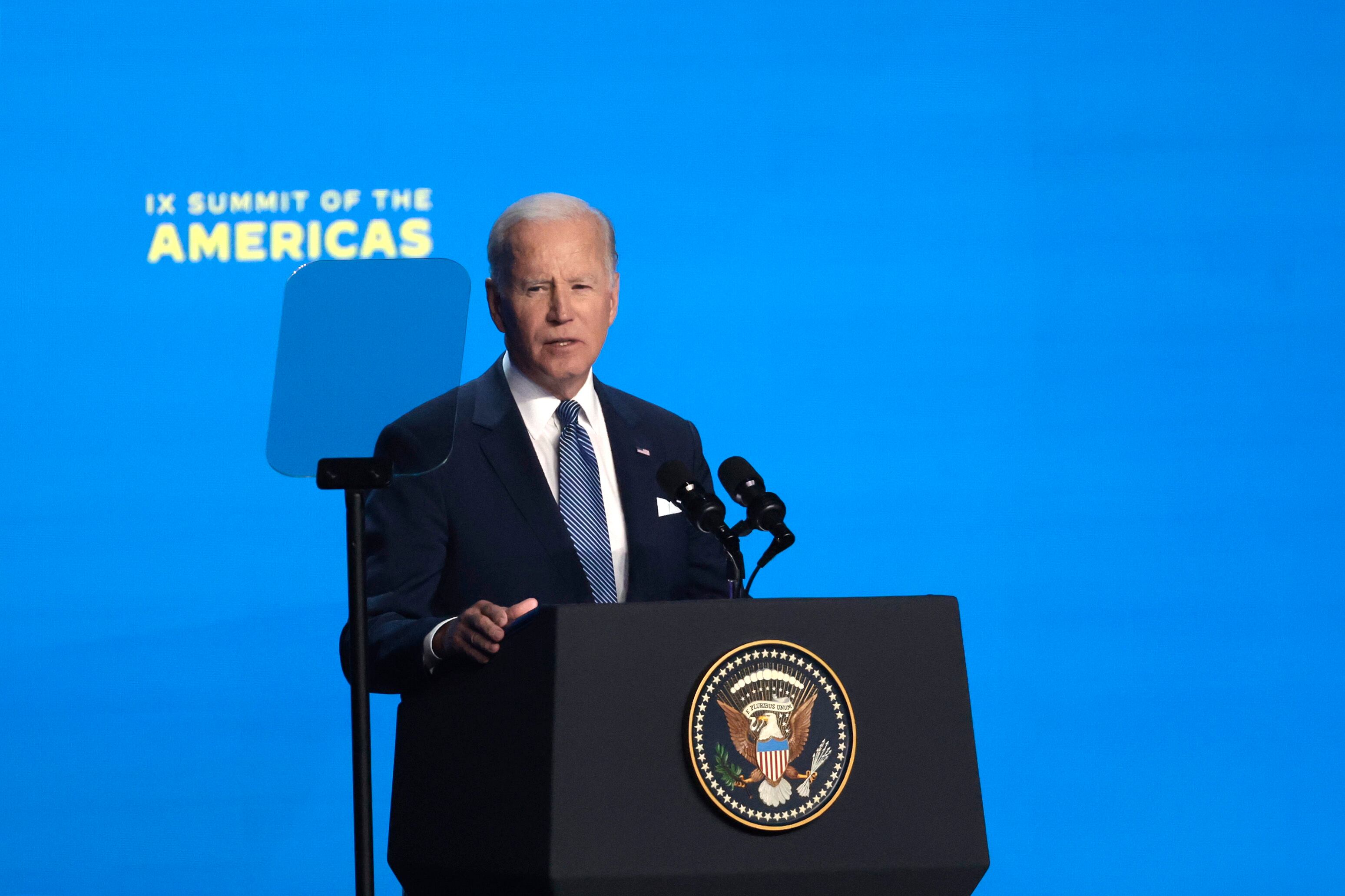 LOS ANGELES, CALIFORNIA - JUNE 08: U.S. President Joe Biden delivers remarks at the opening ceremonies of the IX Summit of the Americas at the Microsoft Theater. (Photo by Anna Moneymaker/Getty Images)