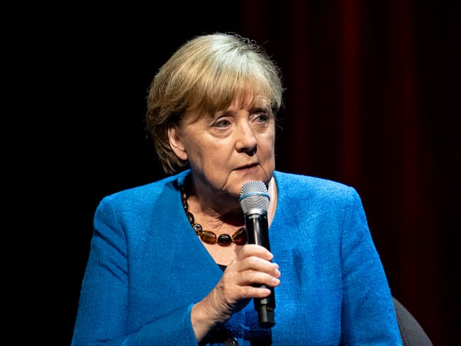 07 June 2022, Berlin: Former German Chancellor Angela Merkel (CDU) answers a question from journalist and author Alexander Osang, who interviewed her under the motto &quot;So what is my country?&quot; at the Berliner Ensemble. Photo: Fabian Sommer/dpa (Photo by Fabian Sommer/picture alliance via Getty Images)