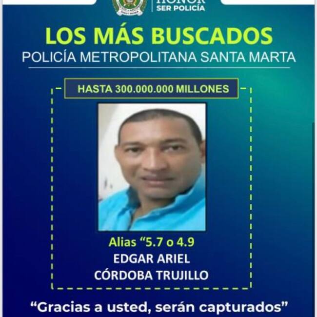 Alias ‘5-7’. Foto: Policía Metropolitana de Santa Marta