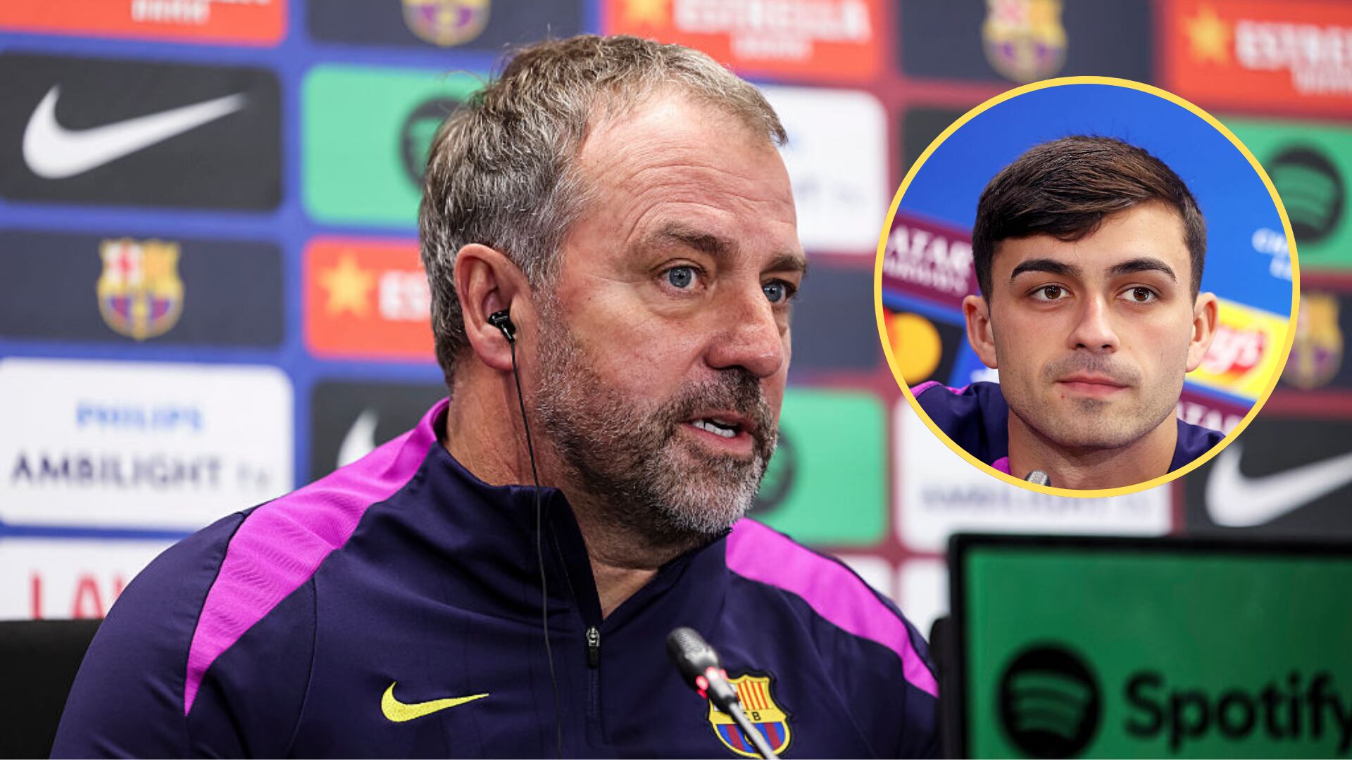 Hansi Flick durante una rueda de prensa previo al encuentro ante el Villarreal C.F., el 20 de diciembre de 2025 y Pedri. FOTOS: Javier Borrego y Urbanandsport/Getty Images