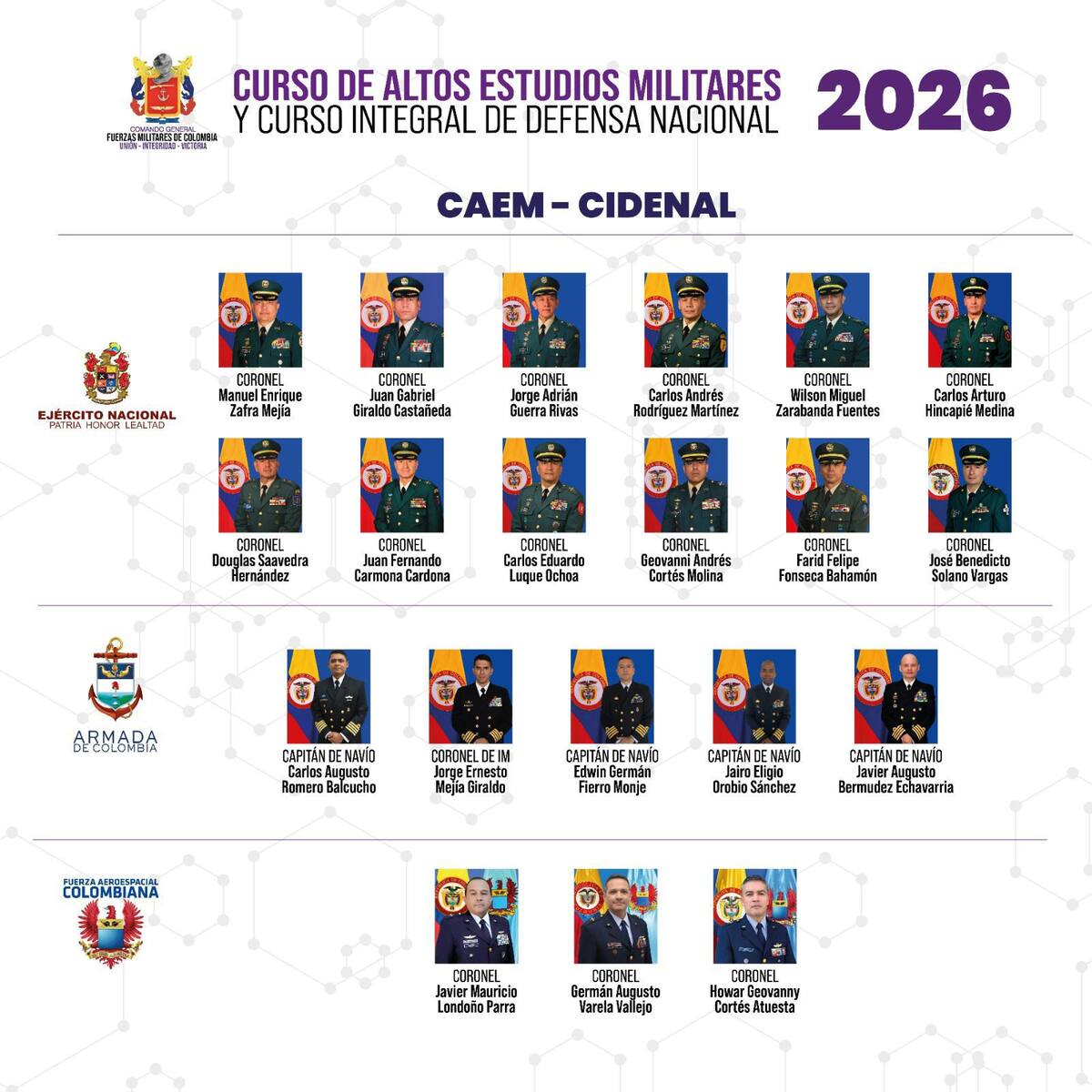 20 oficiales de las Fuerzas Militares adelantarán el Curso de Altos Estudios Militares