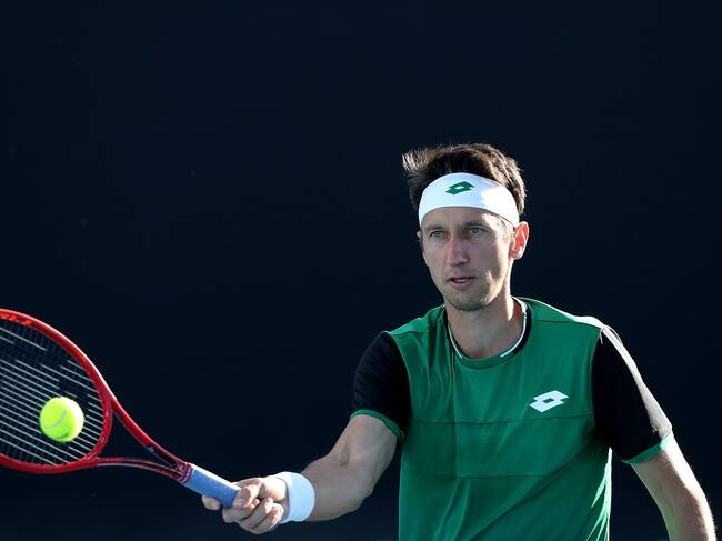 MELBOURNE, AUSTRALIA - FEBRUARY 03: Sergiy Stakhovsky of the Ukraine plays a forehand in his match against Reilly Opelka of the United States during day three of the ATP 250 Great Ocean Road Open at Melbourne Park on February 03, 2021 in Melbourne, Australia. (Photo by Graham Denholm/Getty Images)