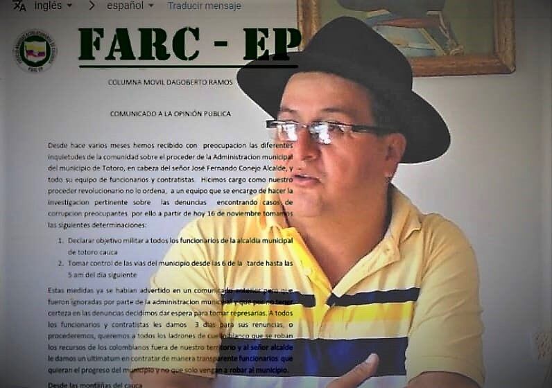 El mandatario José Fernando Conejo fue declarado objetivo militar por parte del grupo ilegal. Crédito El Portal Comunicaciones.