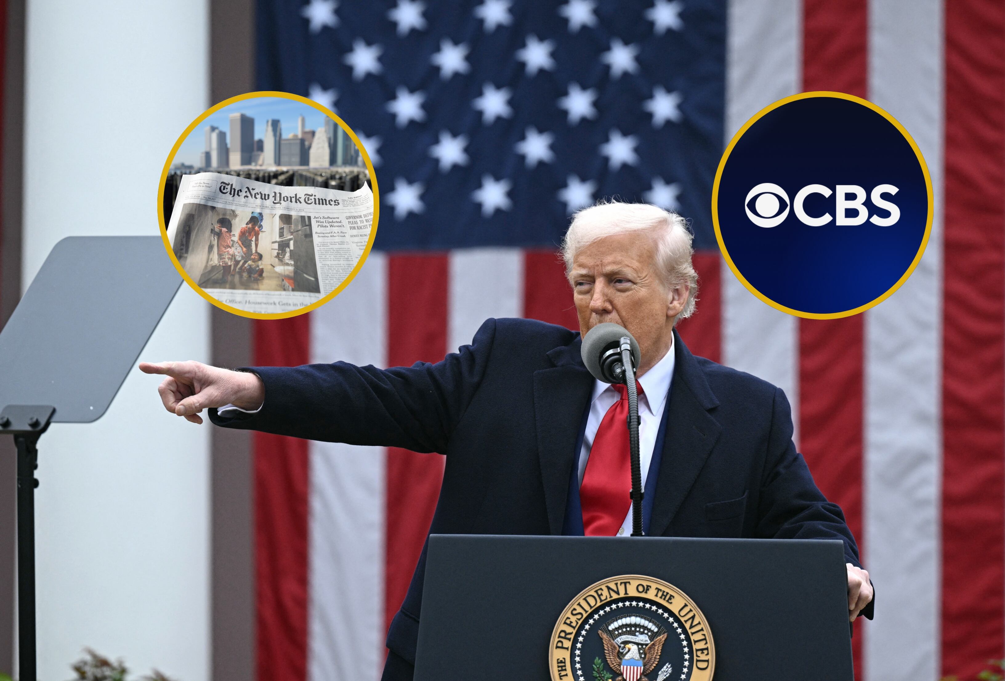Donald Trump, CBS y The New York Times. Foto: BRENDAN SMIALOWSKI/AFP/ mshch via Getty Images. CBS.