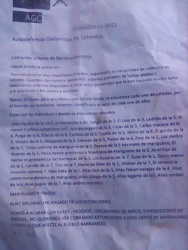 Panfleto de limpieza social en Barrancabermeja