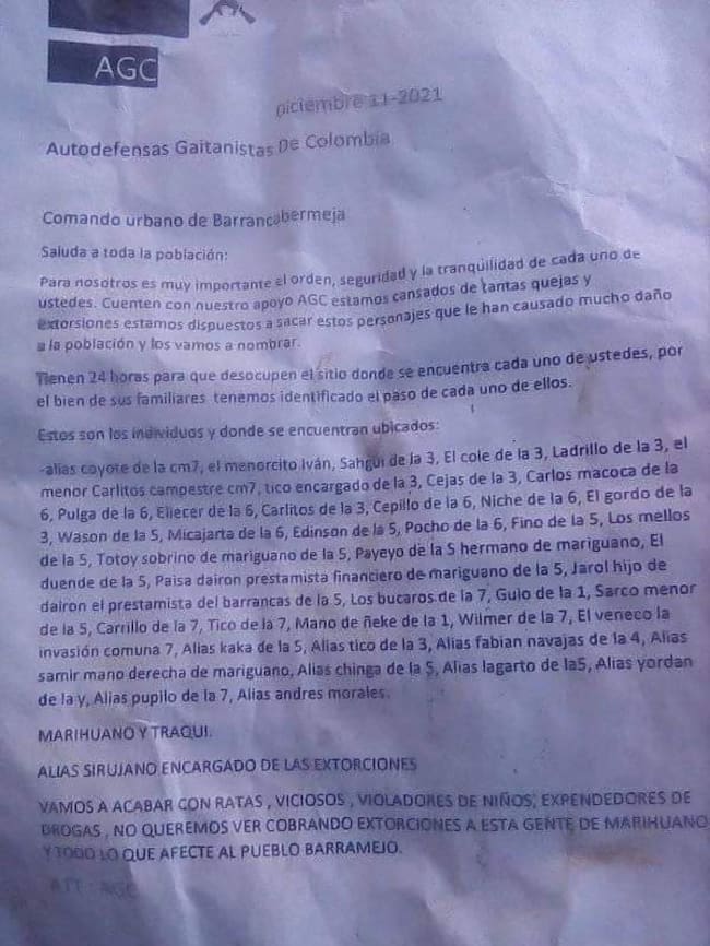 Panfleto de limpieza social en Barrancabermeja