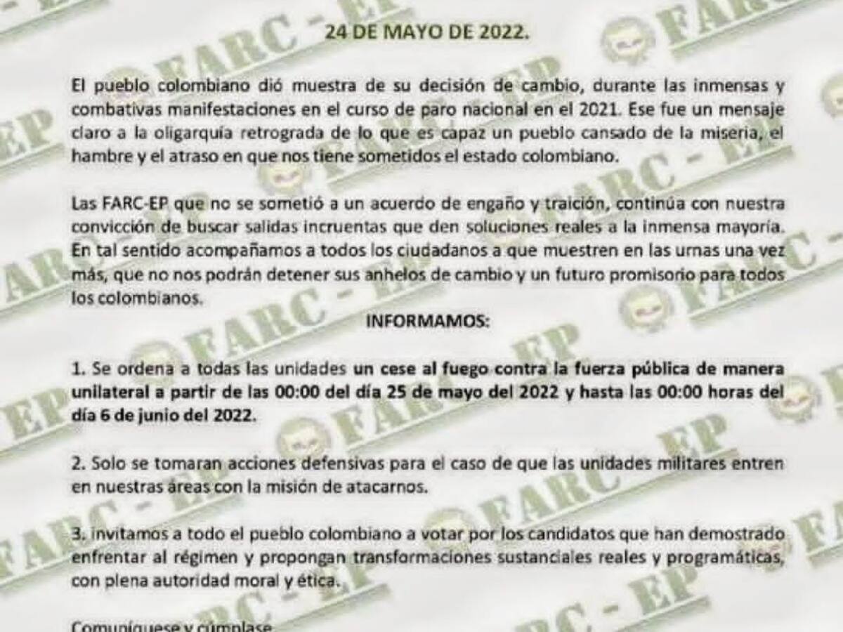 Las disidencias de las Farc anunciaron cese al fuego para las próximas elecciones