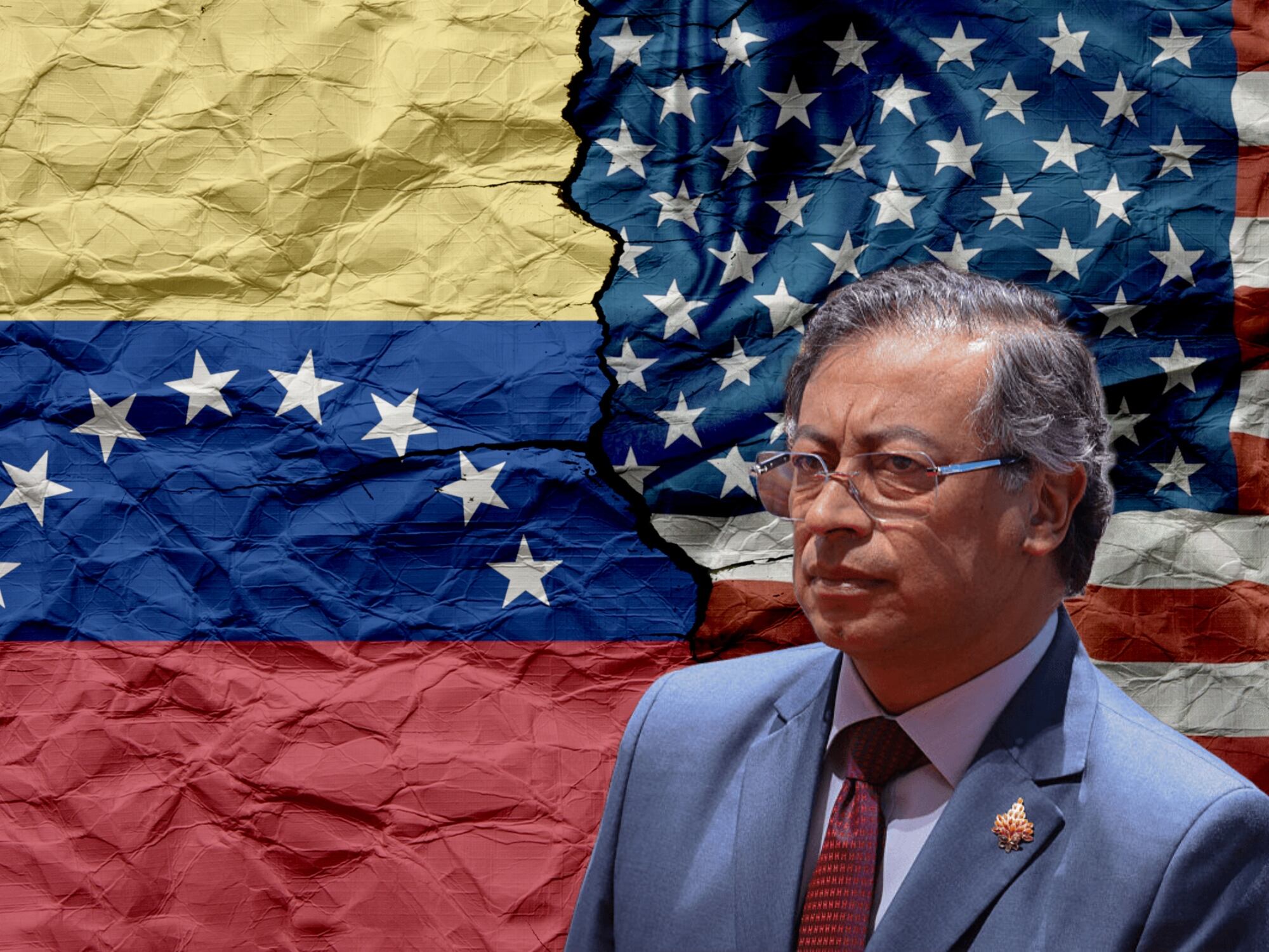 Banderas de Venezuela y Estados Unidos con presidente Gustavo Petro. Fotos: Getty Images / (Photo by Franklin Jacome/Getty Images)